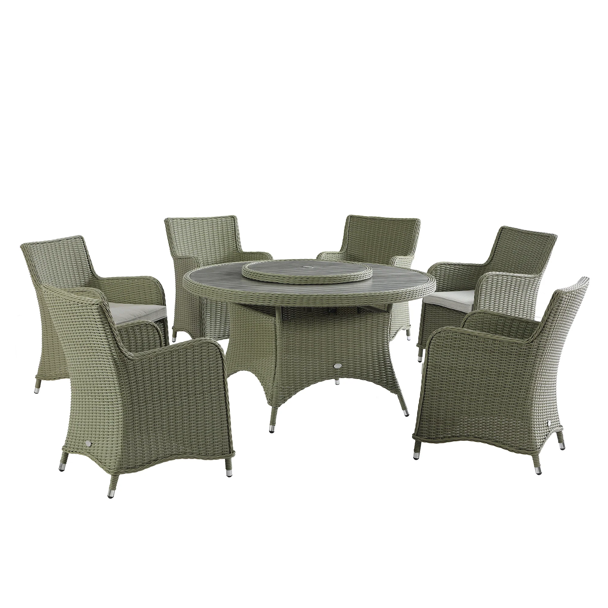 Hampshire 6-Seater Round Wicker Rattan Dining Set with Lazy Susan & Ice Bucket, Desert Sage - Image 12
