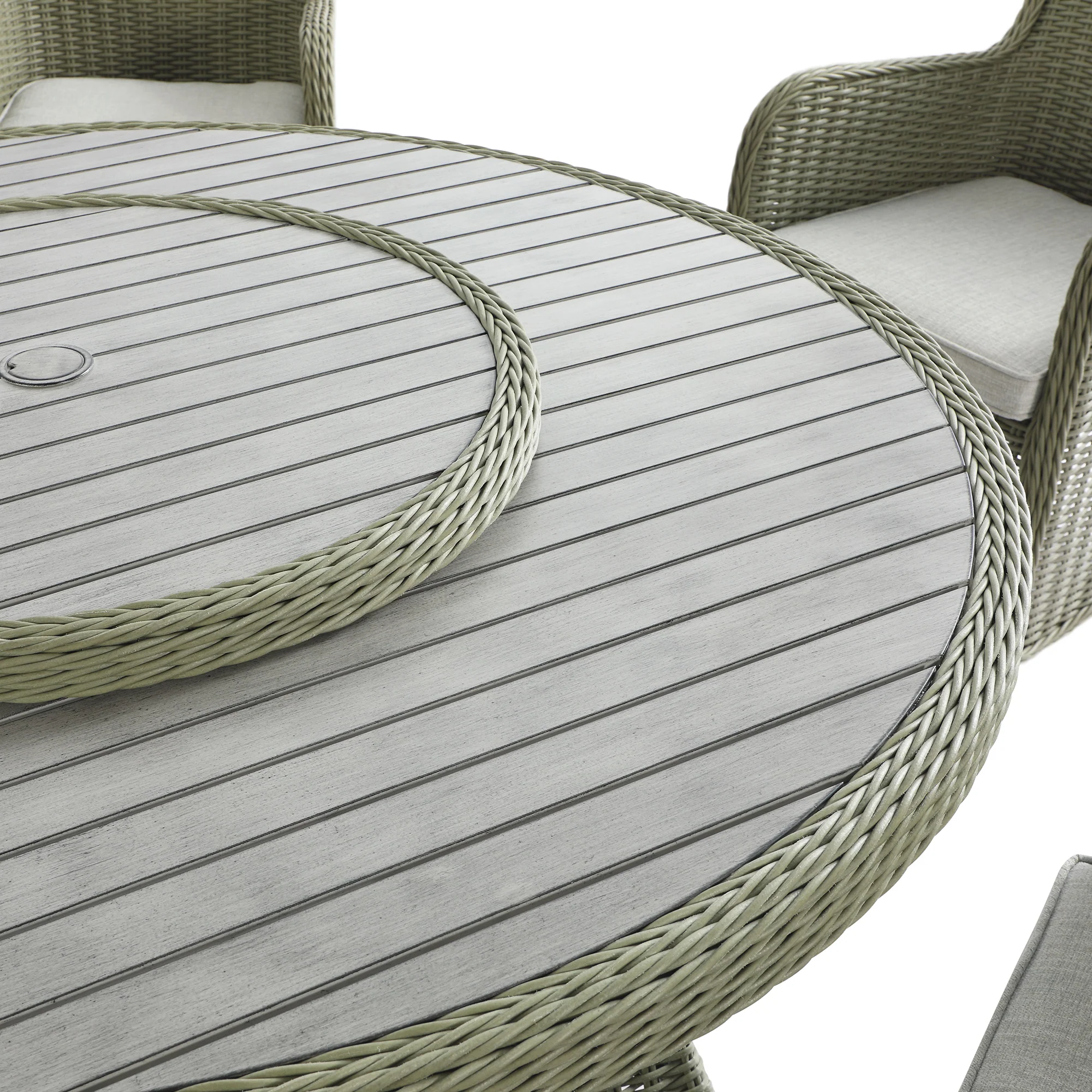 Hampshire 6-Seater Round Wicker Rattan Dining Set with Lazy Susan & Ice Bucket, Desert Sage - Image 14