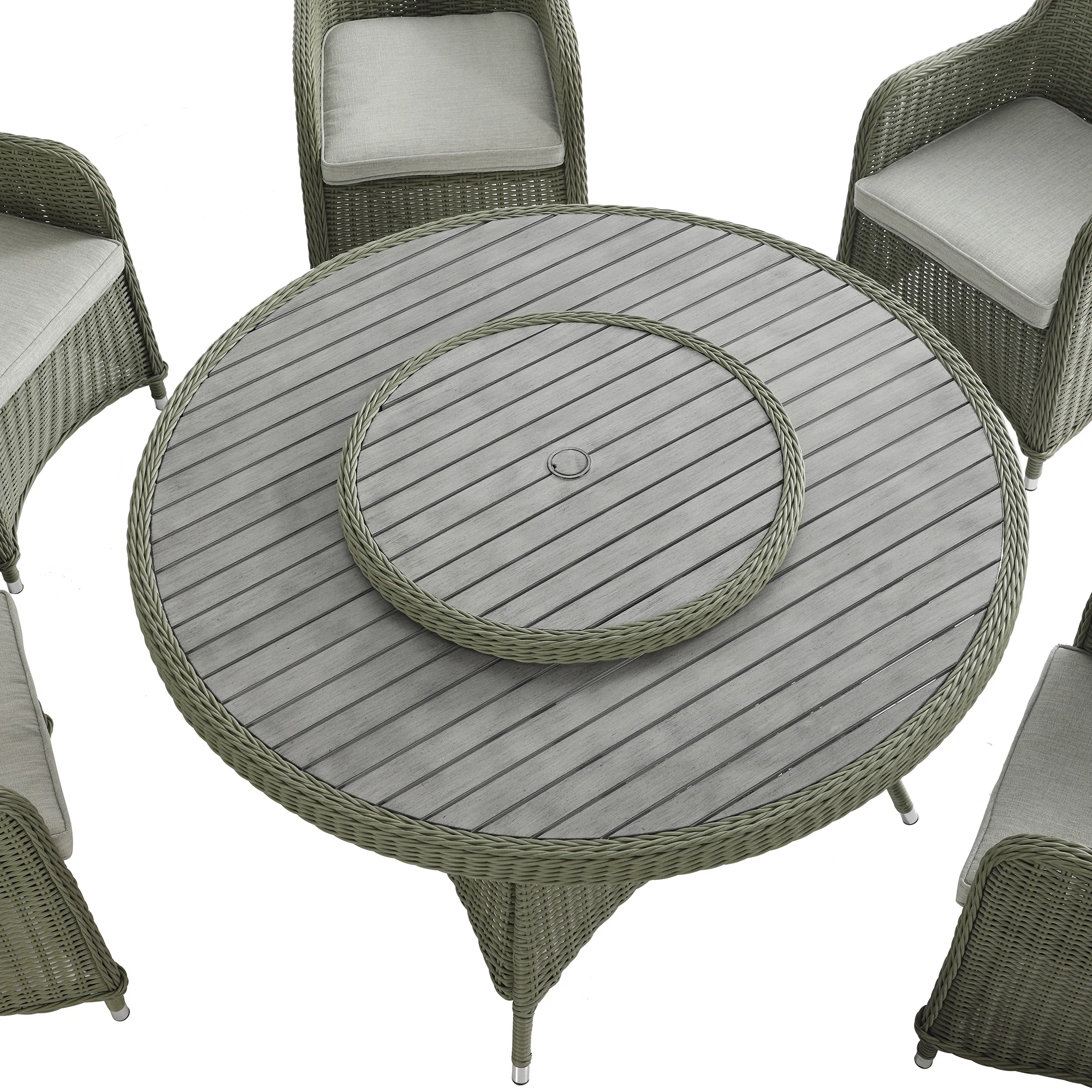 Hampshire 6-Seater Round Wicker Rattan Dining Set with Lazy Susan & Ice Bucket, Desert Sage - Image 15