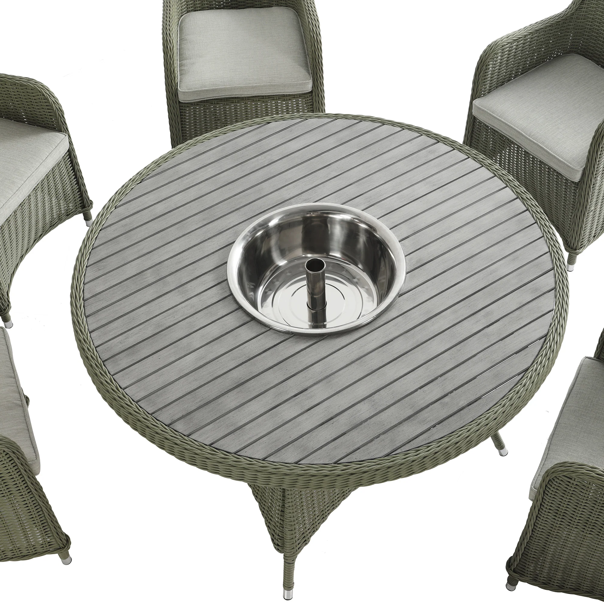 Hampshire 6-Seater Round Wicker Rattan Dining Set with Lazy Susan & Ice Bucket, Desert Sage - Image 16