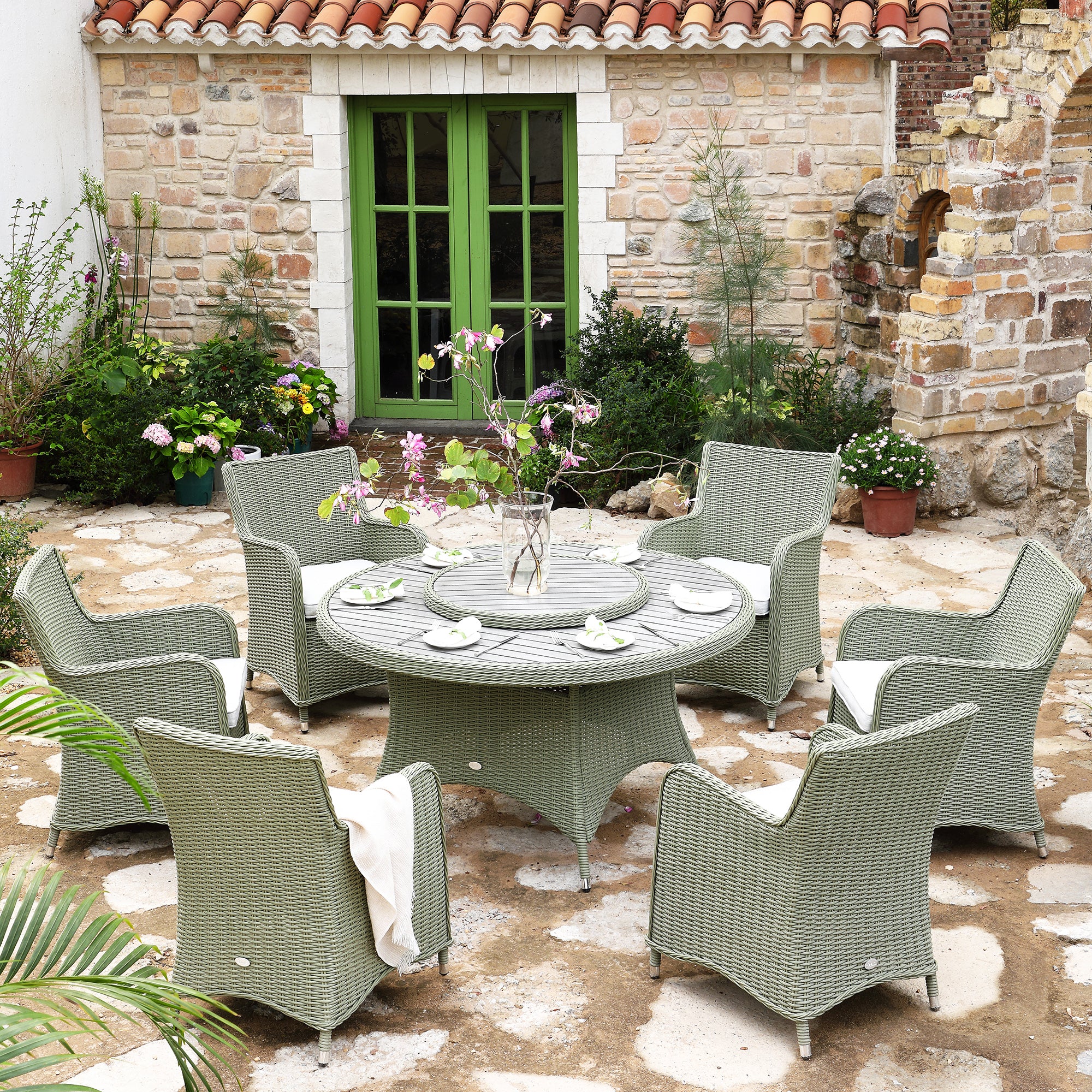 Hampshire 6-Seater Round Wicker Rattan Dining Set with Lazy Susan & Ice Bucket, Desert Sage - Image 2