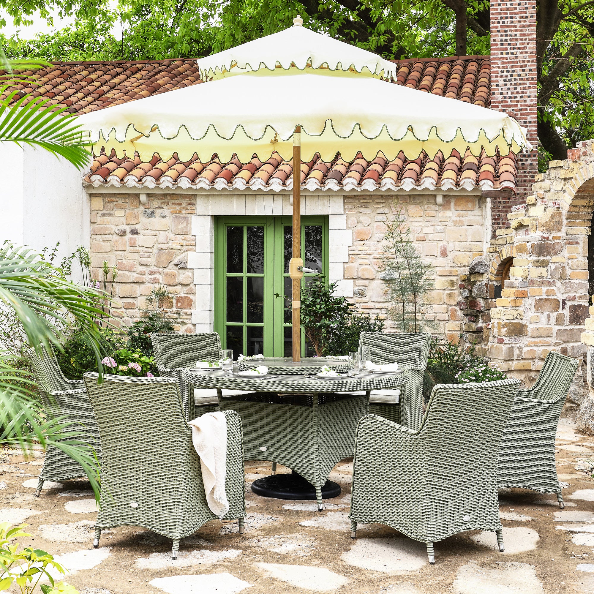 Hampshire 6-Seater Round Wicker Rattan Dining Set with Lazy Susan & Ice Bucket, Desert Sage - Image 3