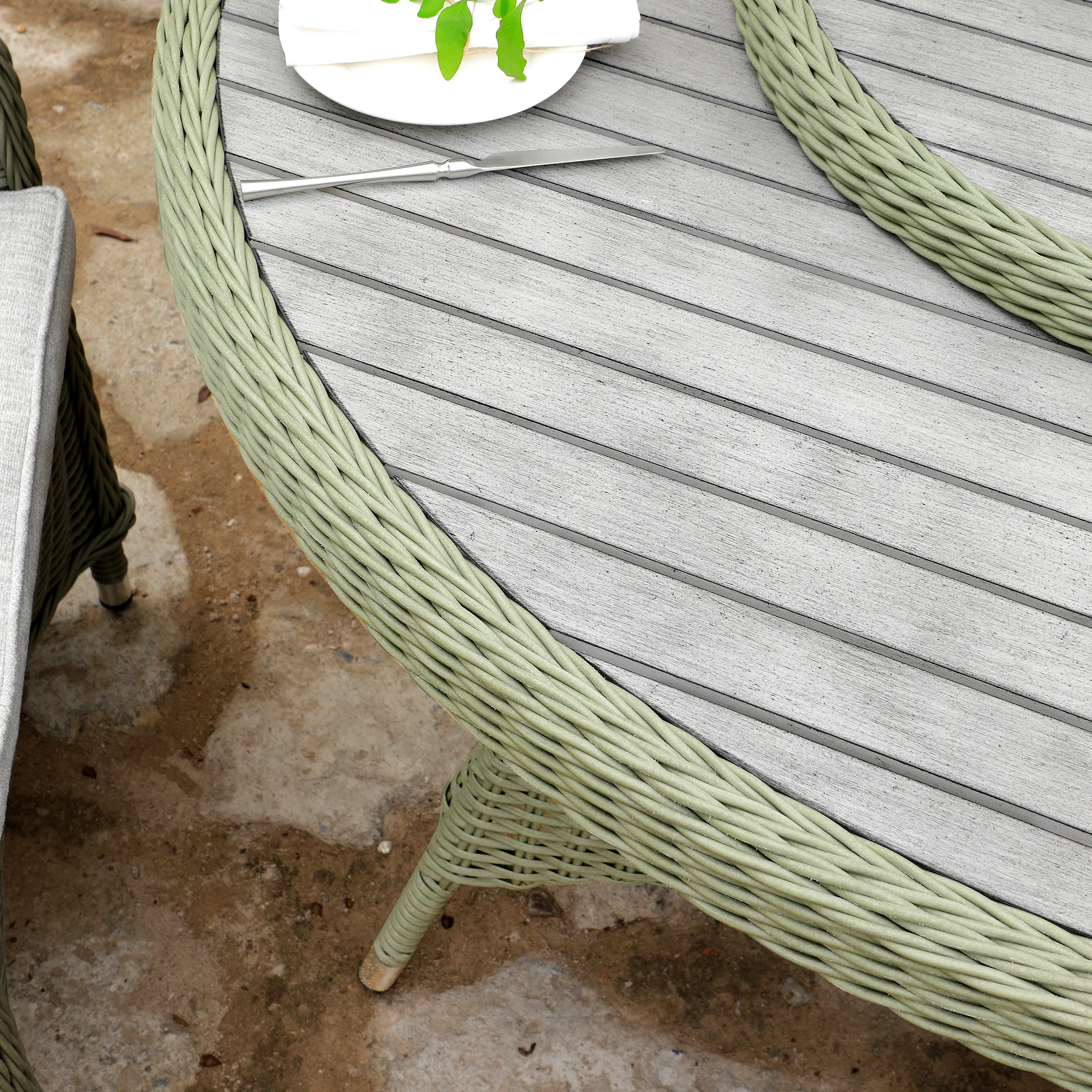 Hampshire 6-Seater Round Wicker Rattan Dining Set with Lazy Susan & Ice Bucket, Desert Sage - Image 5