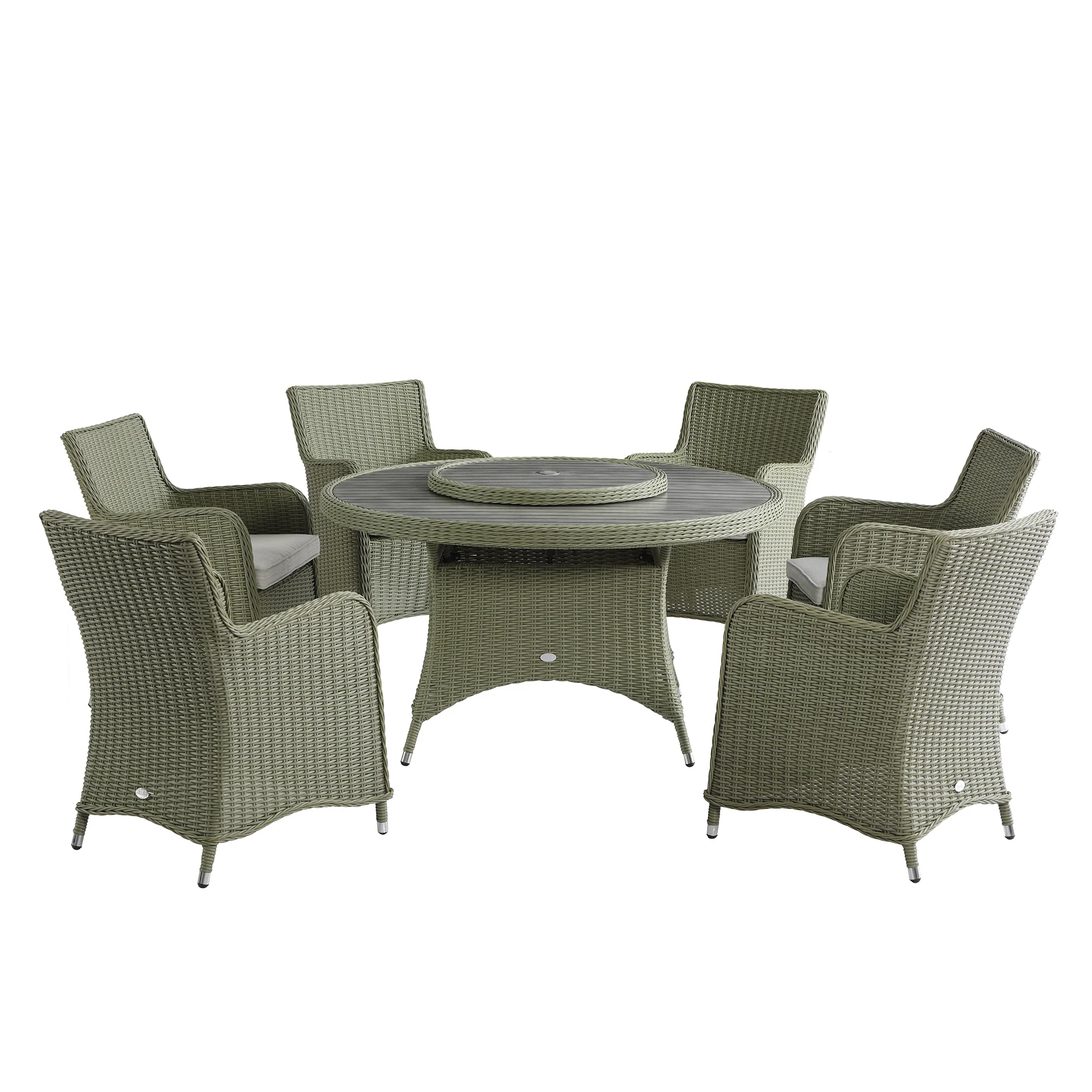 Hampshire 6-Seater Round Wicker Rattan Dining Set with Lazy Susan & Ice Bucket, Desert Sage - Image 9