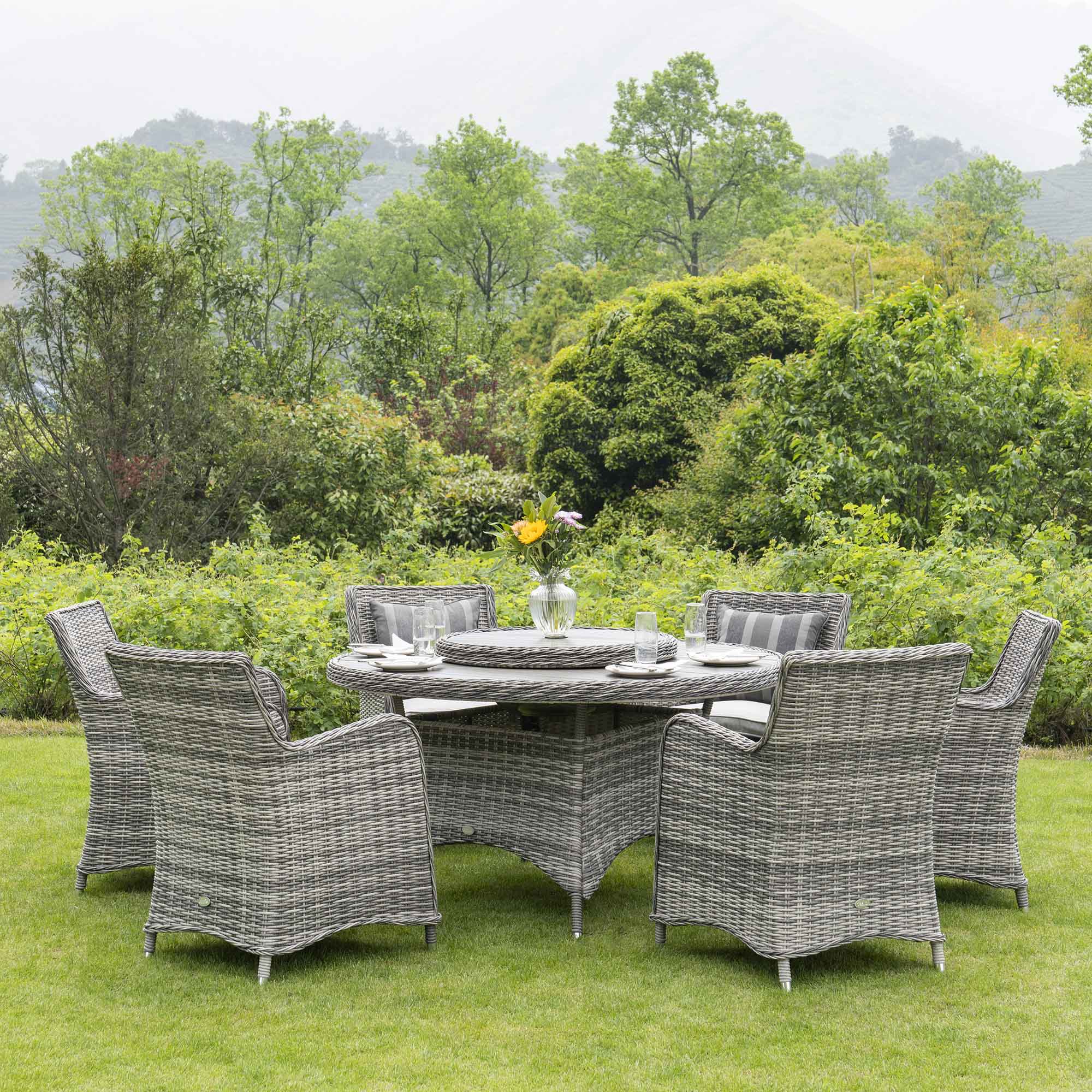 Hampshire 6-Seater Round Wicker Rattan Dining Set with Lazy Susan & Ice Bucket, Light Grey - Image 2