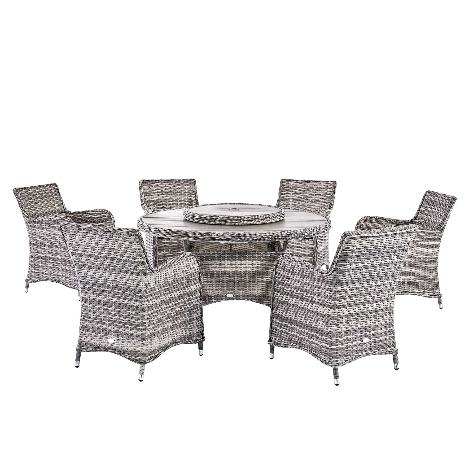 Hampshire 6-Seater Round Wicker Rattan Dining Set with Lazy Susan & Ice Bucket, Light Grey - Image 4
