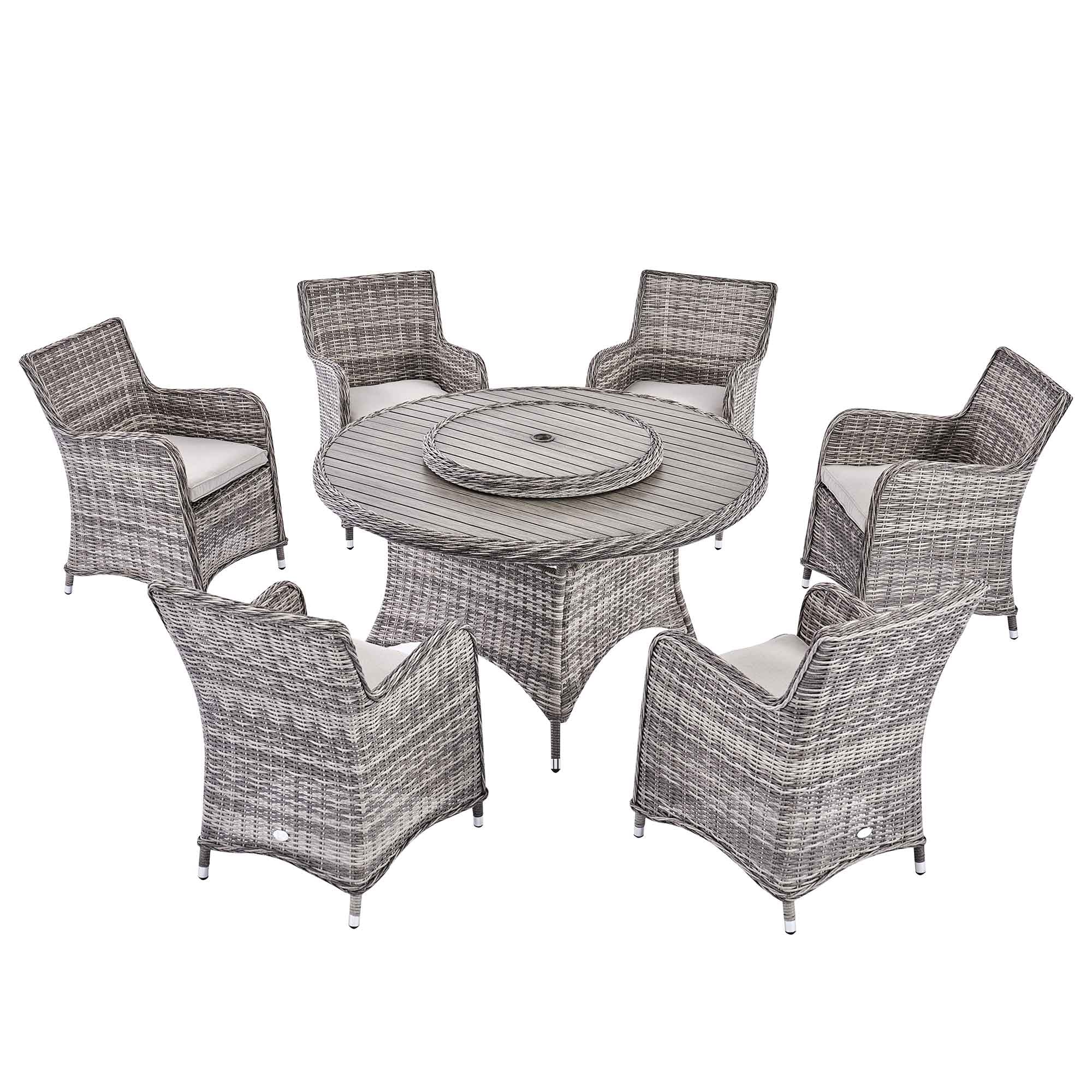 Hampshire 6-Seater Round Wicker Rattan Dining Set with Lazy Susan & Ice Bucket, Light Grey - Image 7