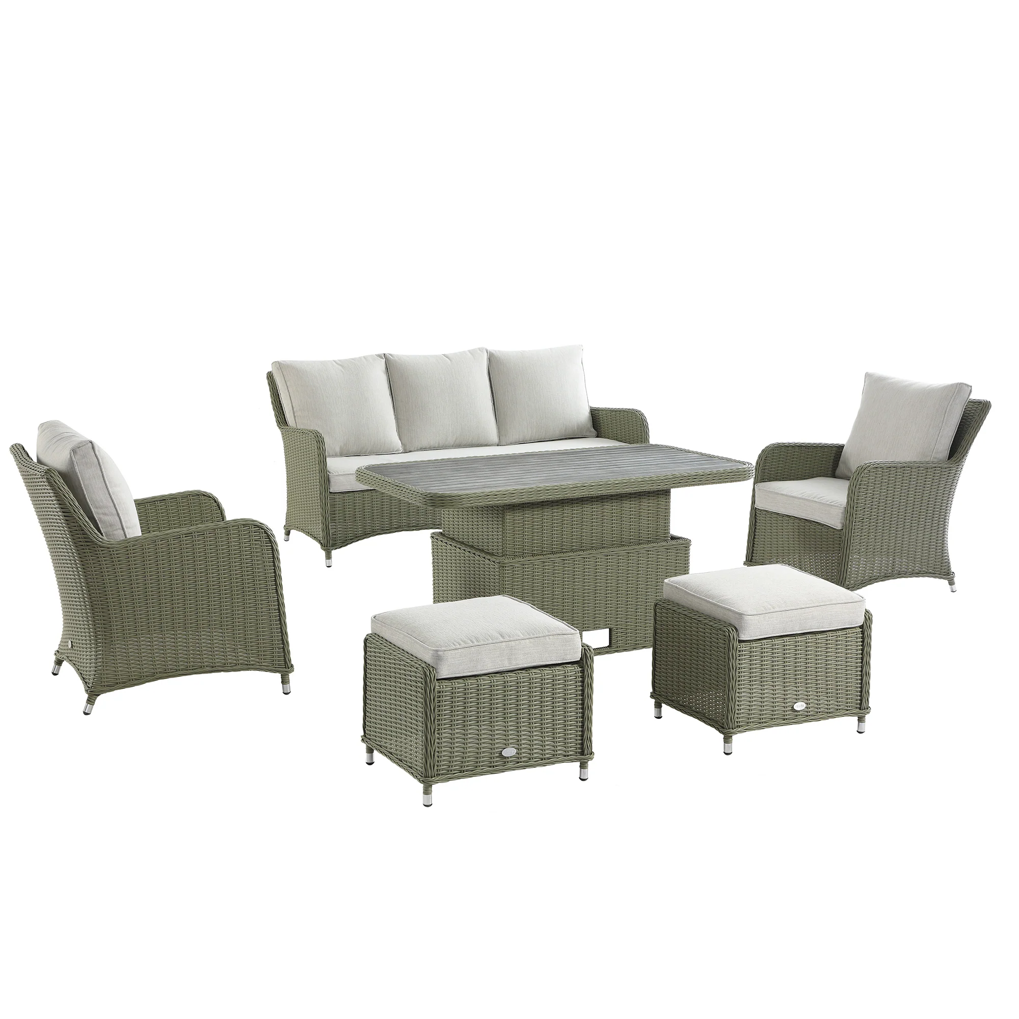 Hampshire 7-Seater Round Wicker Rattan Sofa Set with Rising Table, Desert Sage - Image 11