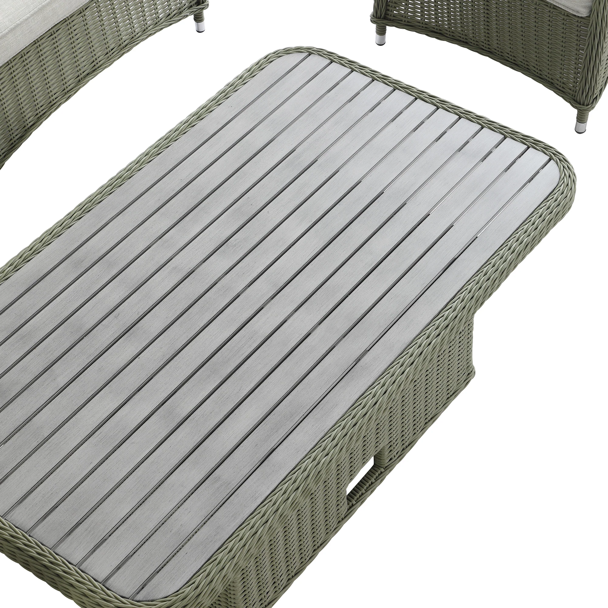 Hampshire 7-Seater Round Wicker Rattan Sofa Set with Rising Table, Desert Sage - Image 18