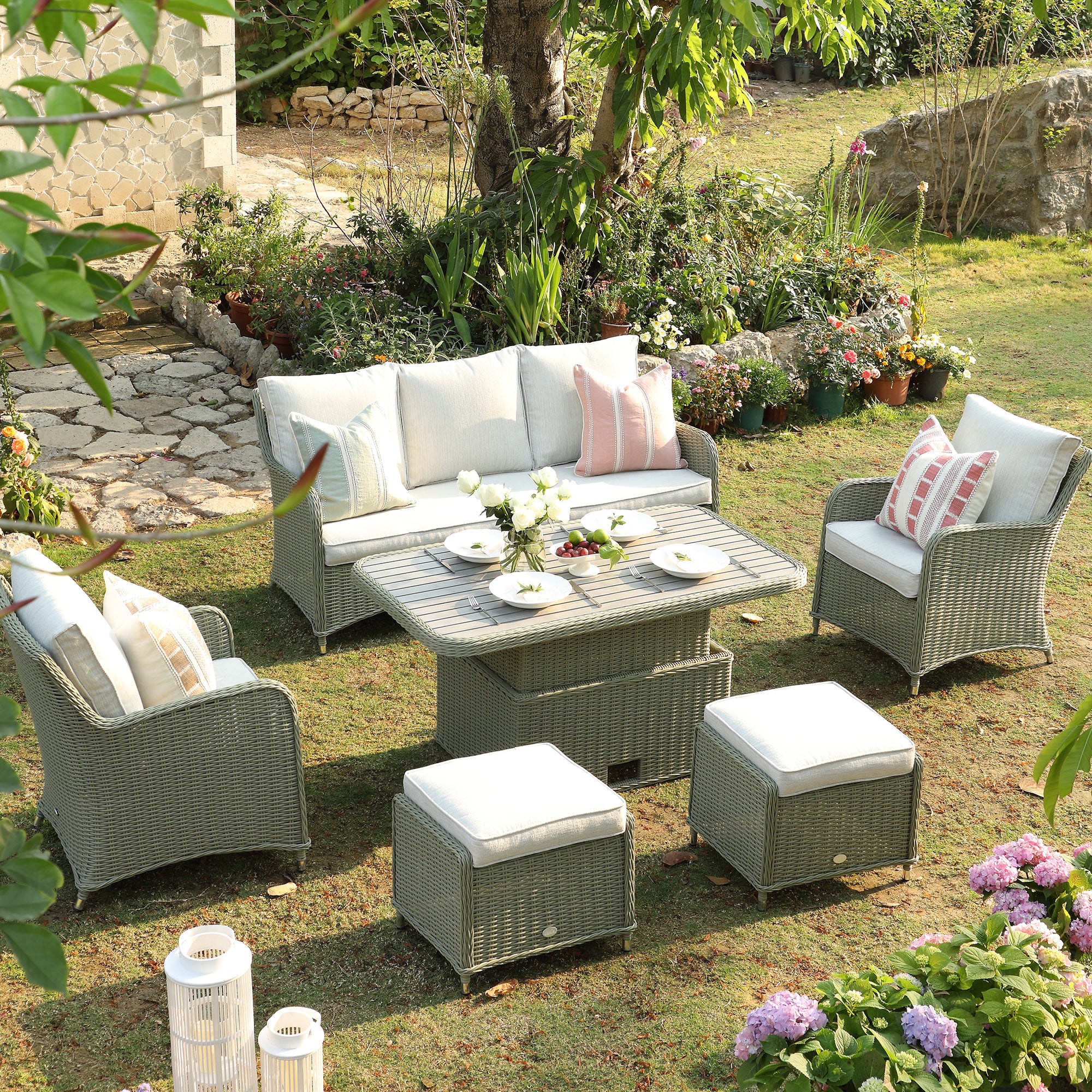 Hampshire 7-Seater Round Wicker Rattan Sofa Set with Rising Table, Desert Sage - Image 2