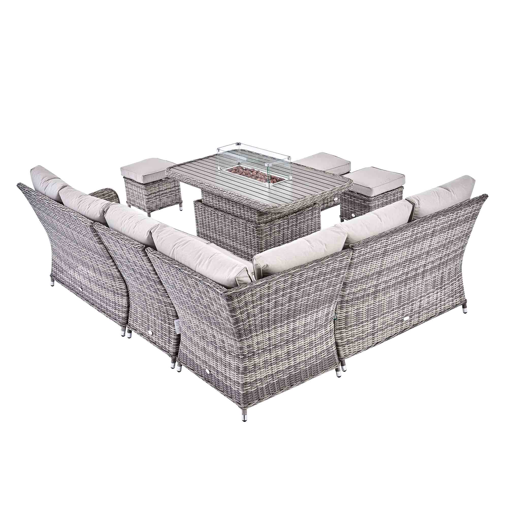 Hampshire Large Corner Round Wicker Rattan Casual Dining Set with Rising Firepit Table, Light Grey - Image 13