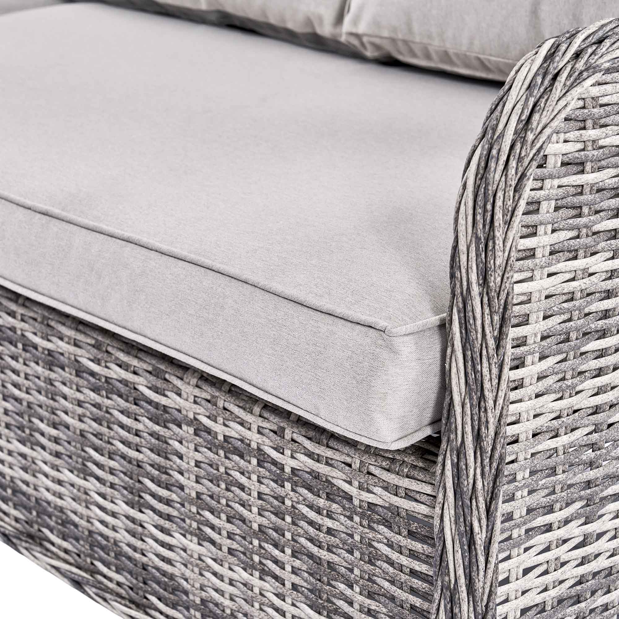 Hampshire Large Corner Round Wicker Rattan Casual Dining Set with Rising Firepit Table, Light Grey - Image 16
