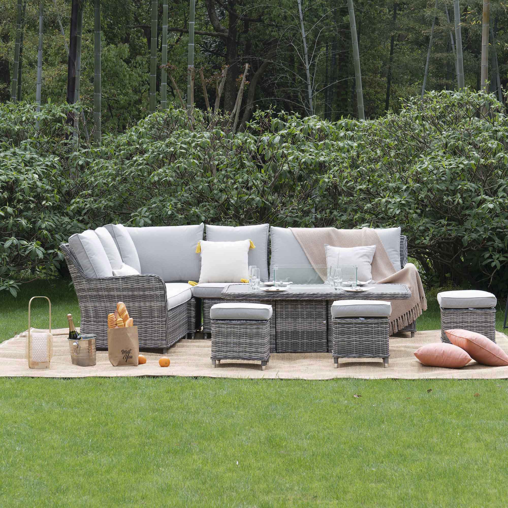 Hampshire Large Corner Round Wicker Rattan Casual Dining Set with Rising Firepit Table, Light Grey - Image 3