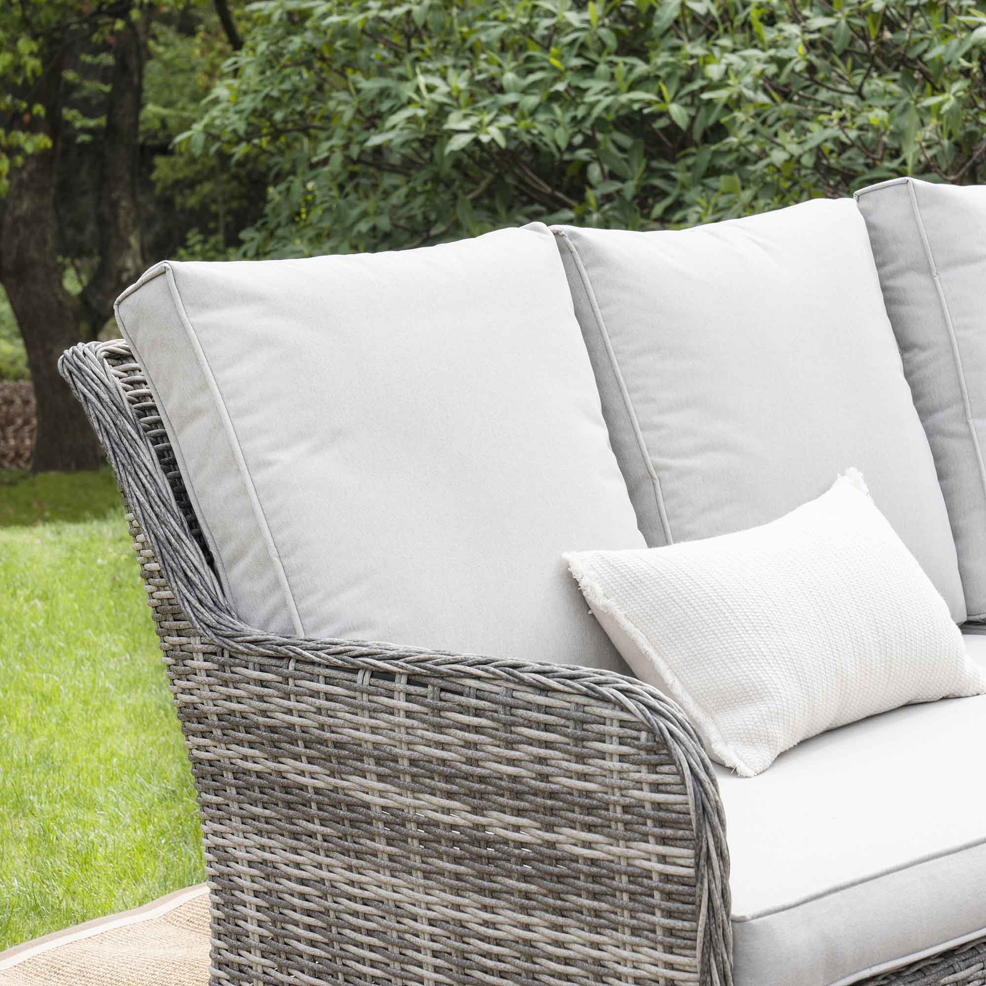 Hampshire Large Corner Round Wicker Rattan Casual Dining Set with Rising Firepit Table, Light Grey - Image 6