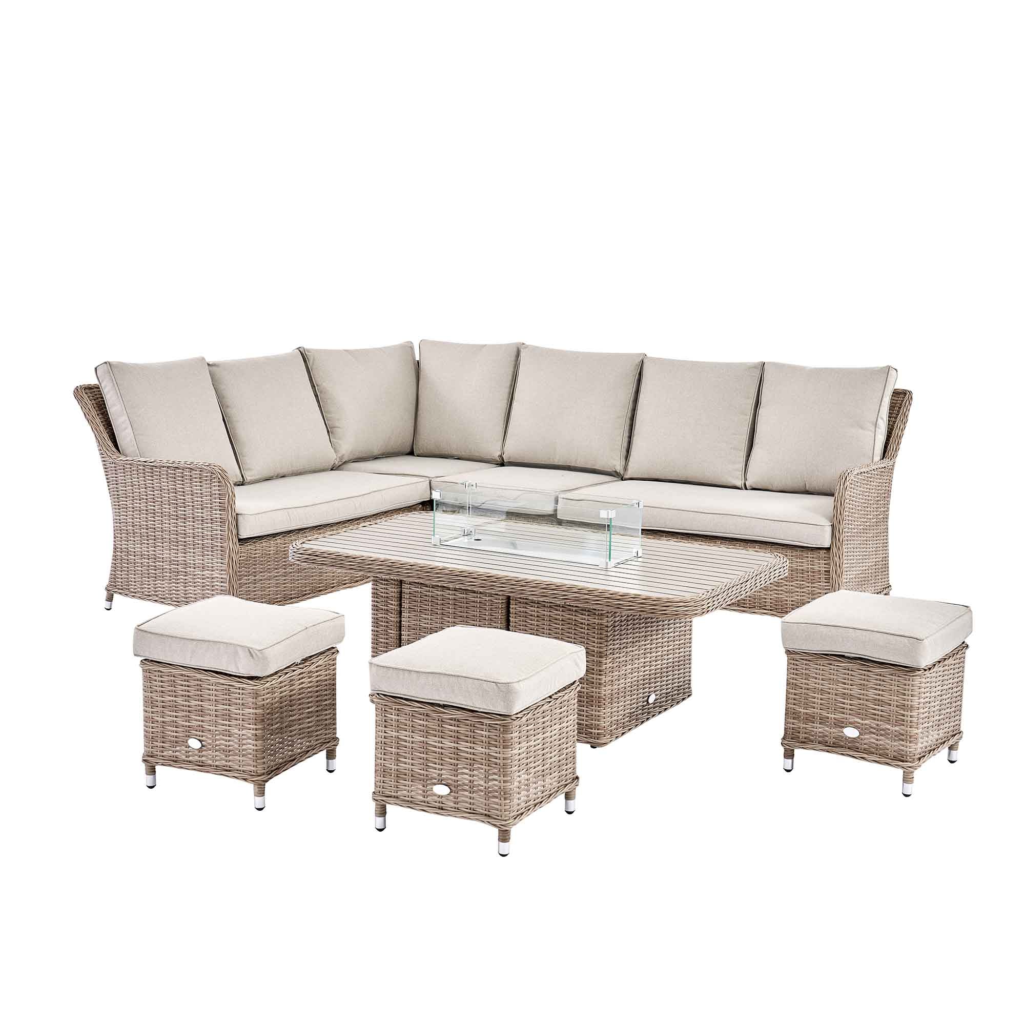 Hampshire Large Corner Round Wicker Rattan Casual Dining Set with Rising Firepit Table, Natural - Image 12