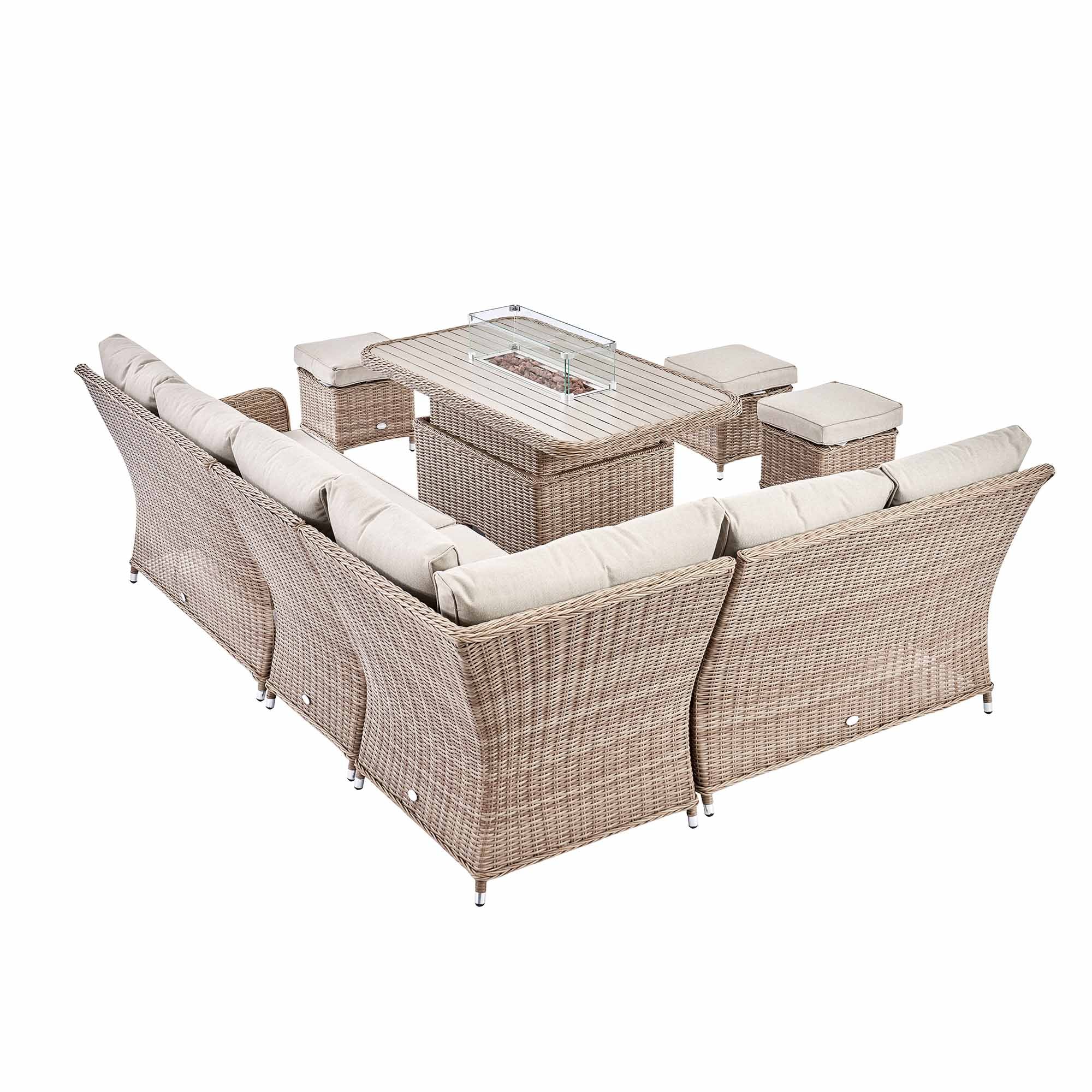 Hampshire Large Corner Round Wicker Rattan Casual Dining Set with Rising Firepit Table, Natural - Image 14