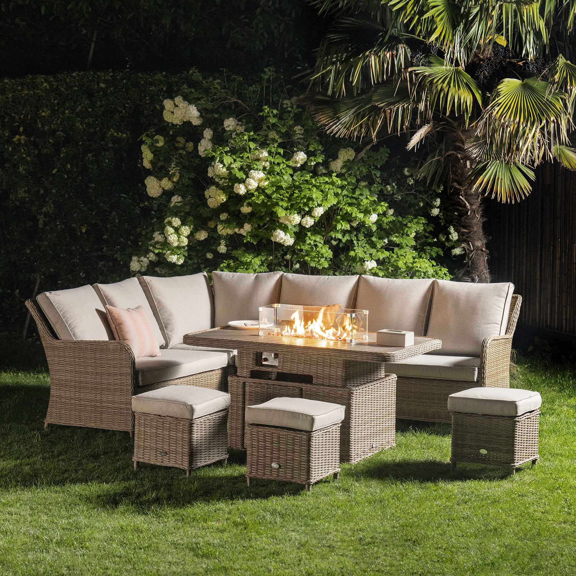 Hampshire Large Corner Round Wicker Rattan Casual Dining Set with Rising Firepit Table, Natural - Image 2