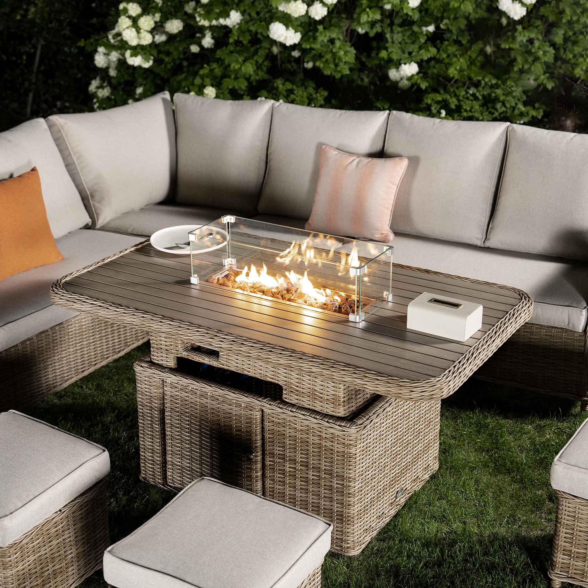 Hampshire Large Corner Round Wicker Rattan Casual Dining Set with Rising Firepit Table, Natural - Image 4