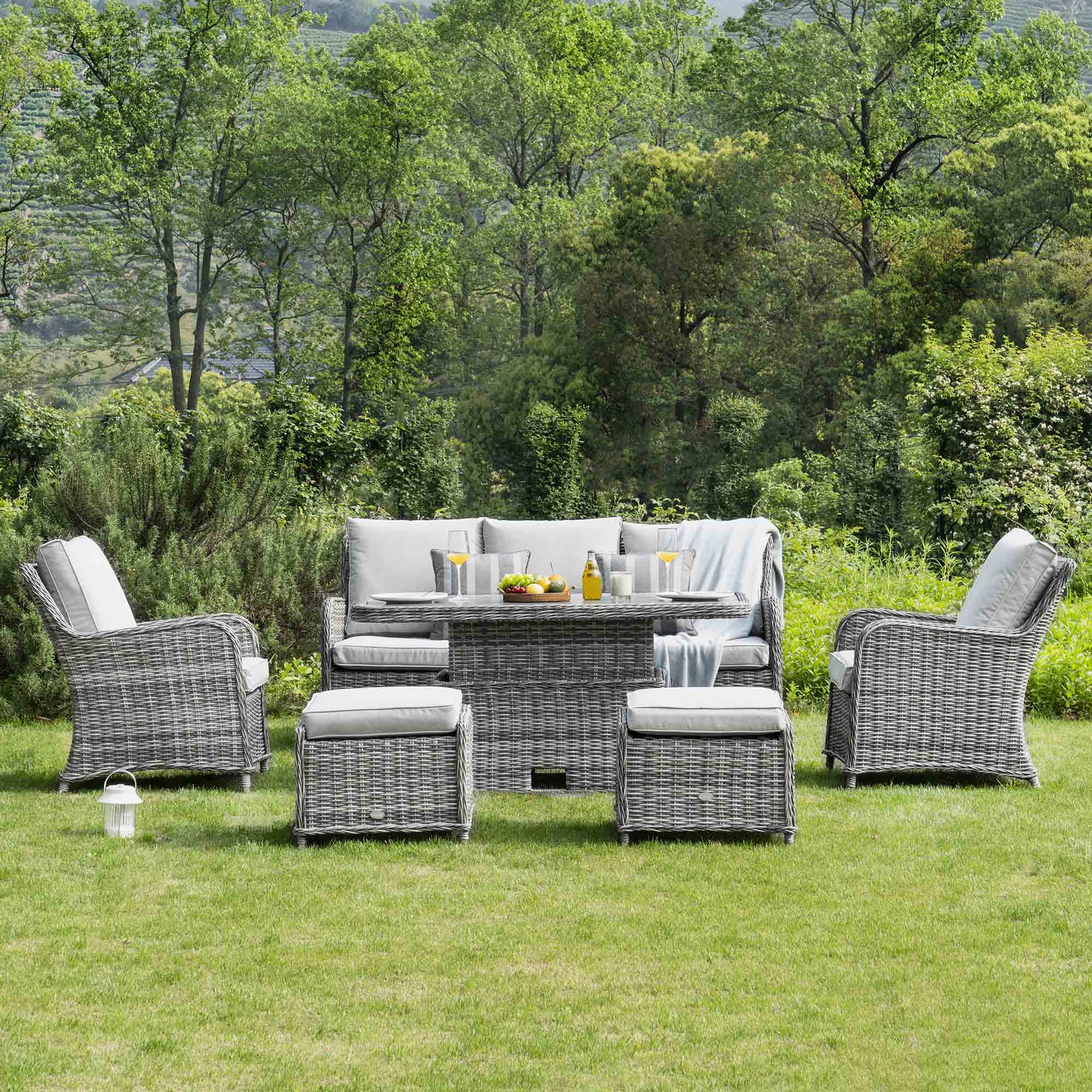 Hampshire 7-Seater Round Wicker Rattan Sofa Set with Rising Table, Light Grey - Image 2