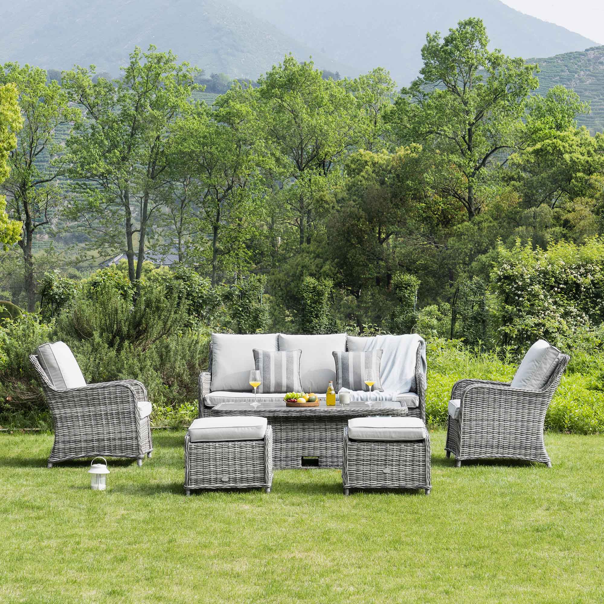 Hampshire 7-Seater Round Wicker Rattan Sofa Set with Rising Table, Light Grey - Image 3