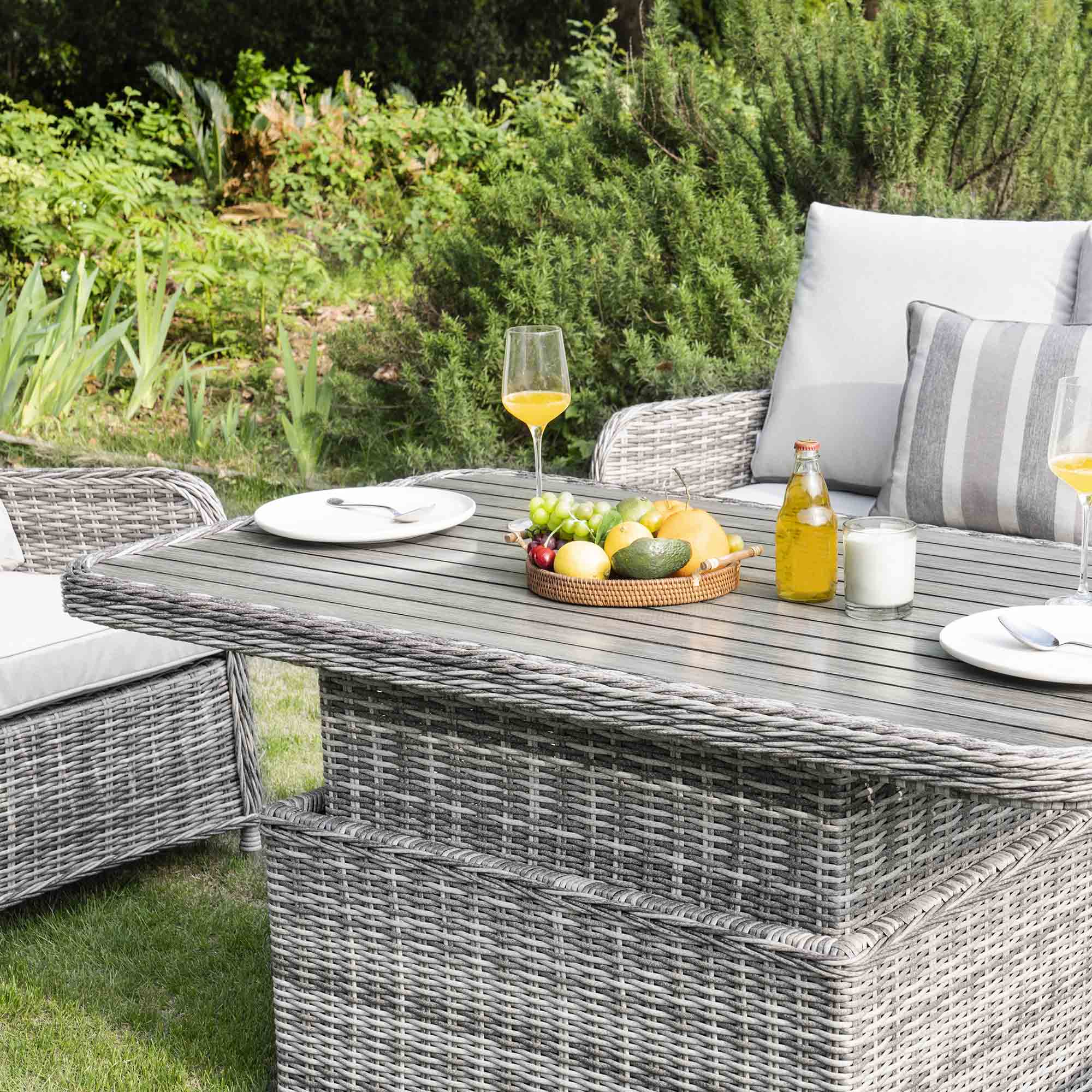 Hampshire 7-Seater Round Wicker Rattan Sofa Set with Rising Table, Light Grey - Image 5
