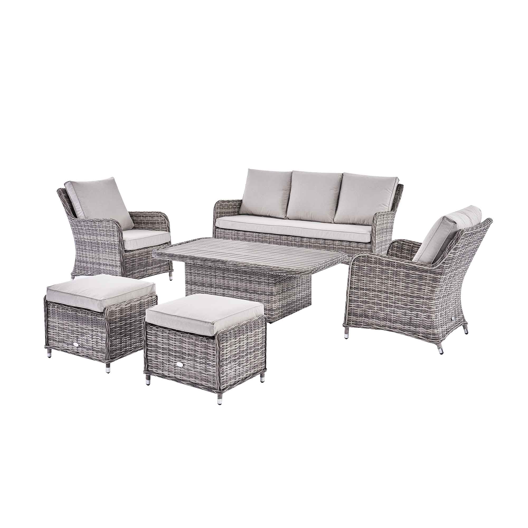 Hampshire 7-Seater Round Wicker Rattan Sofa Set with Rising Table, Light Grey - Image 8