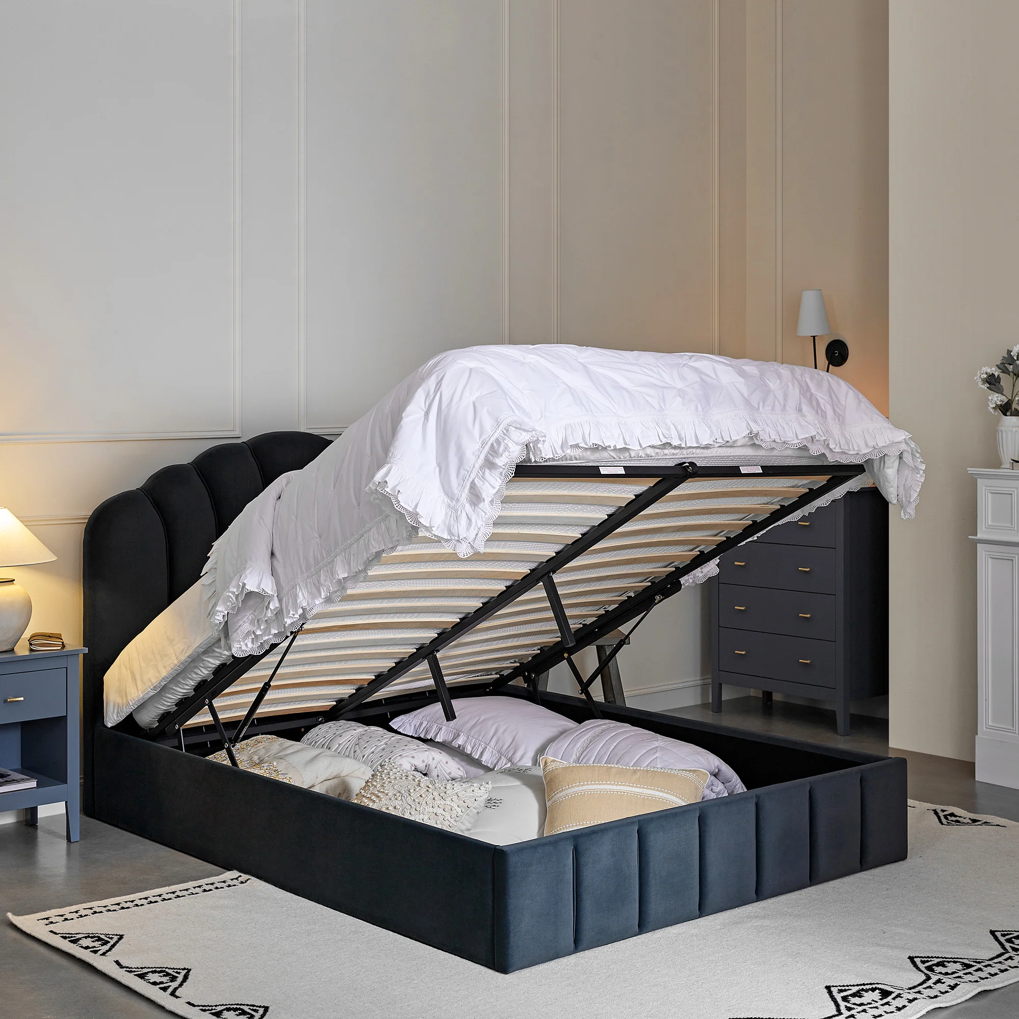 Hana Ottoman Storage Bed, Aegean Blue Velvet - Image 3