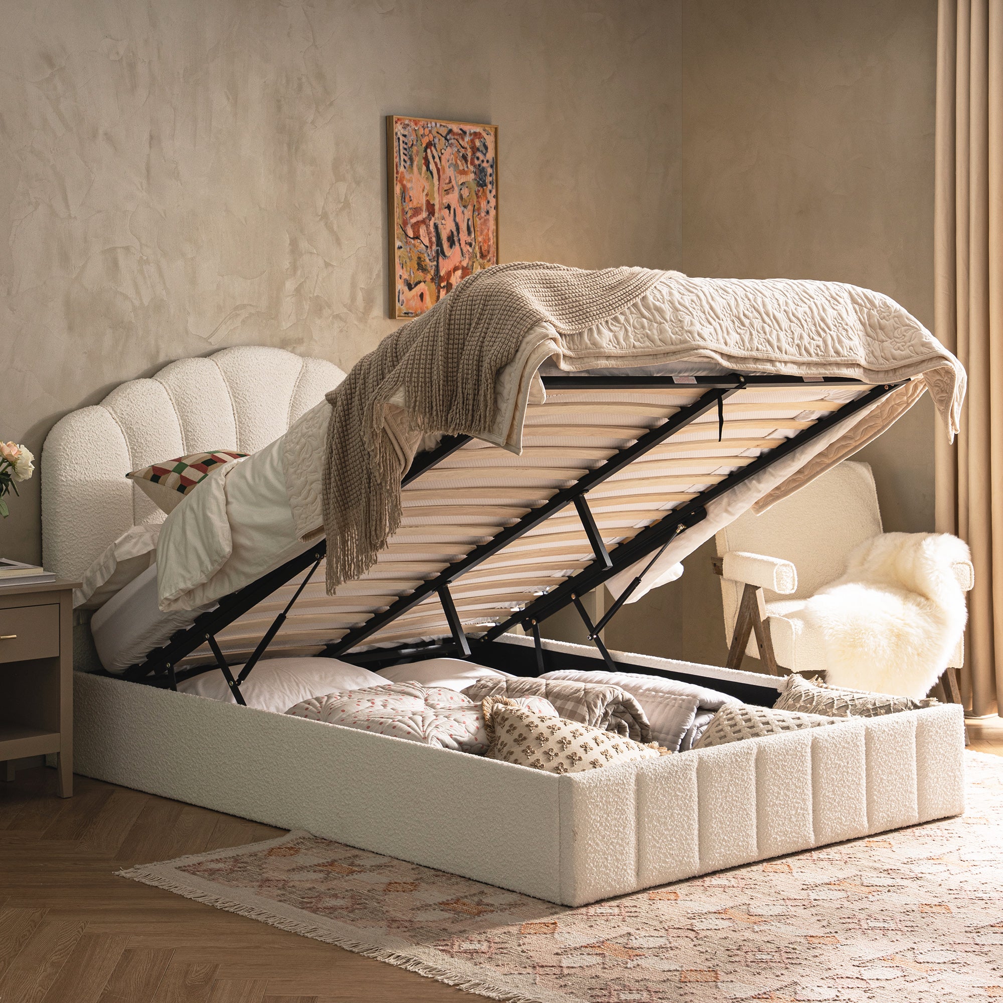 Hana Ottoman Storage Bed, Ecru Boucle - Image 4