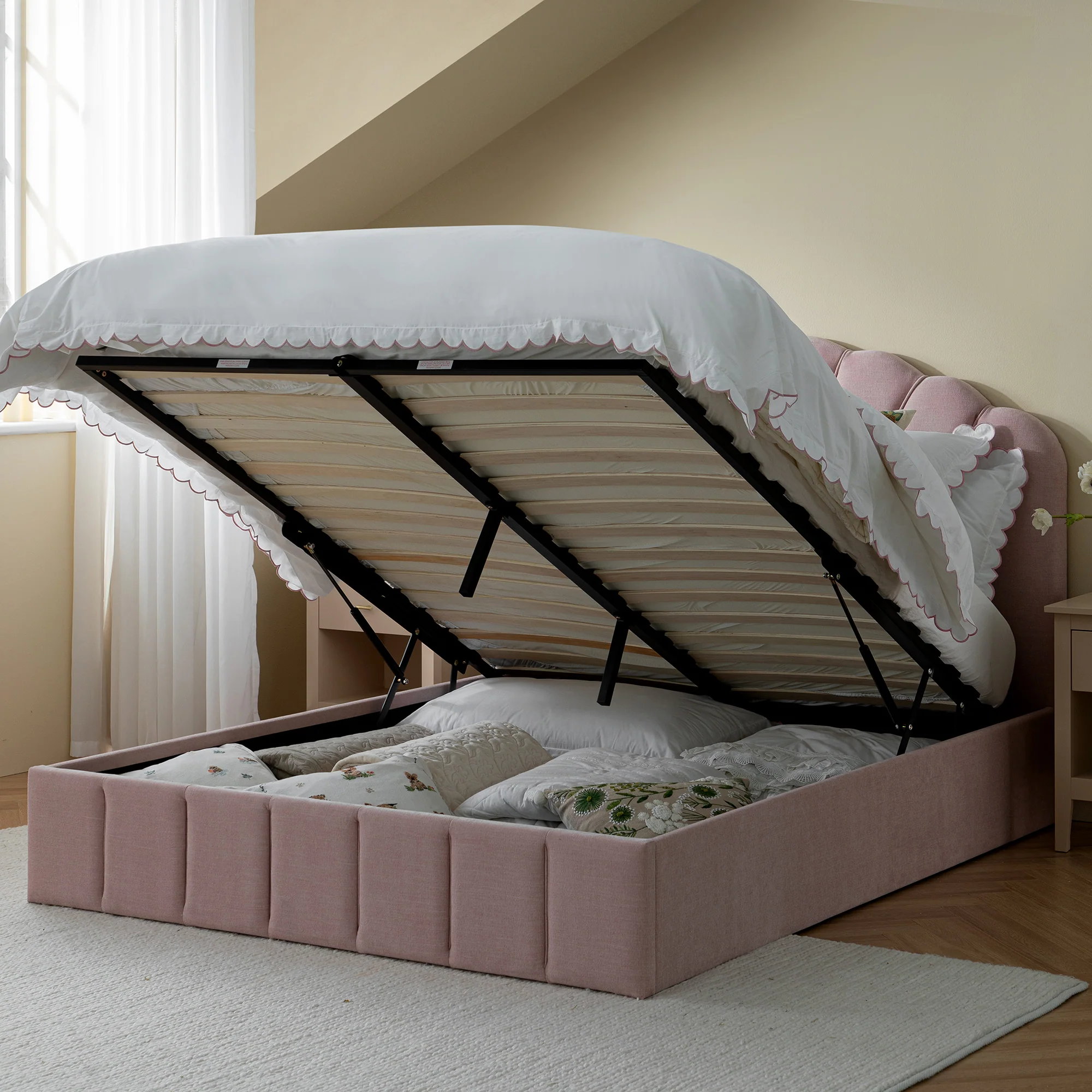 Hana Ottoman Storage Bed, Petal Pink Chenille - Image 3