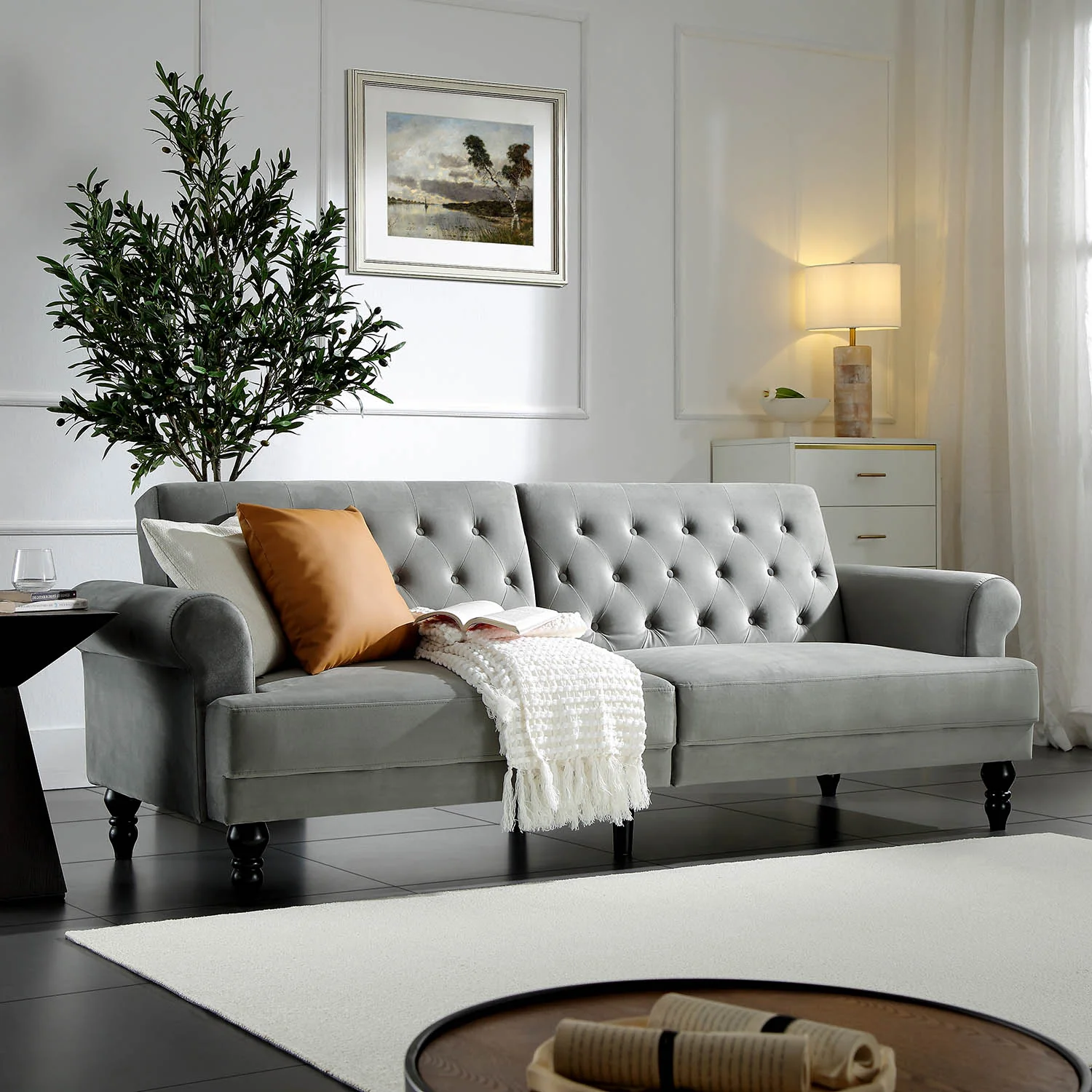 Hanney 3-Seater Chesterfield Sofabed in Grey Velvet - Image 2