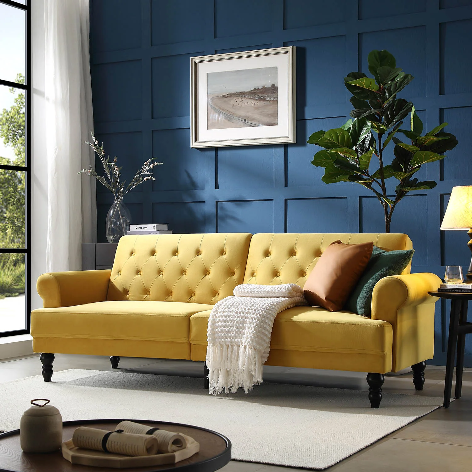 Hanney 3-Seater Chesterfield Sofabed in Mustard Yellow Velvet - Image 2