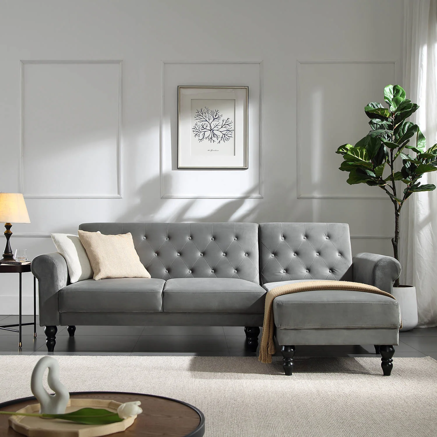 Hanney Chesterfield Chaise Sofabed in Grey Velvet - Image 2