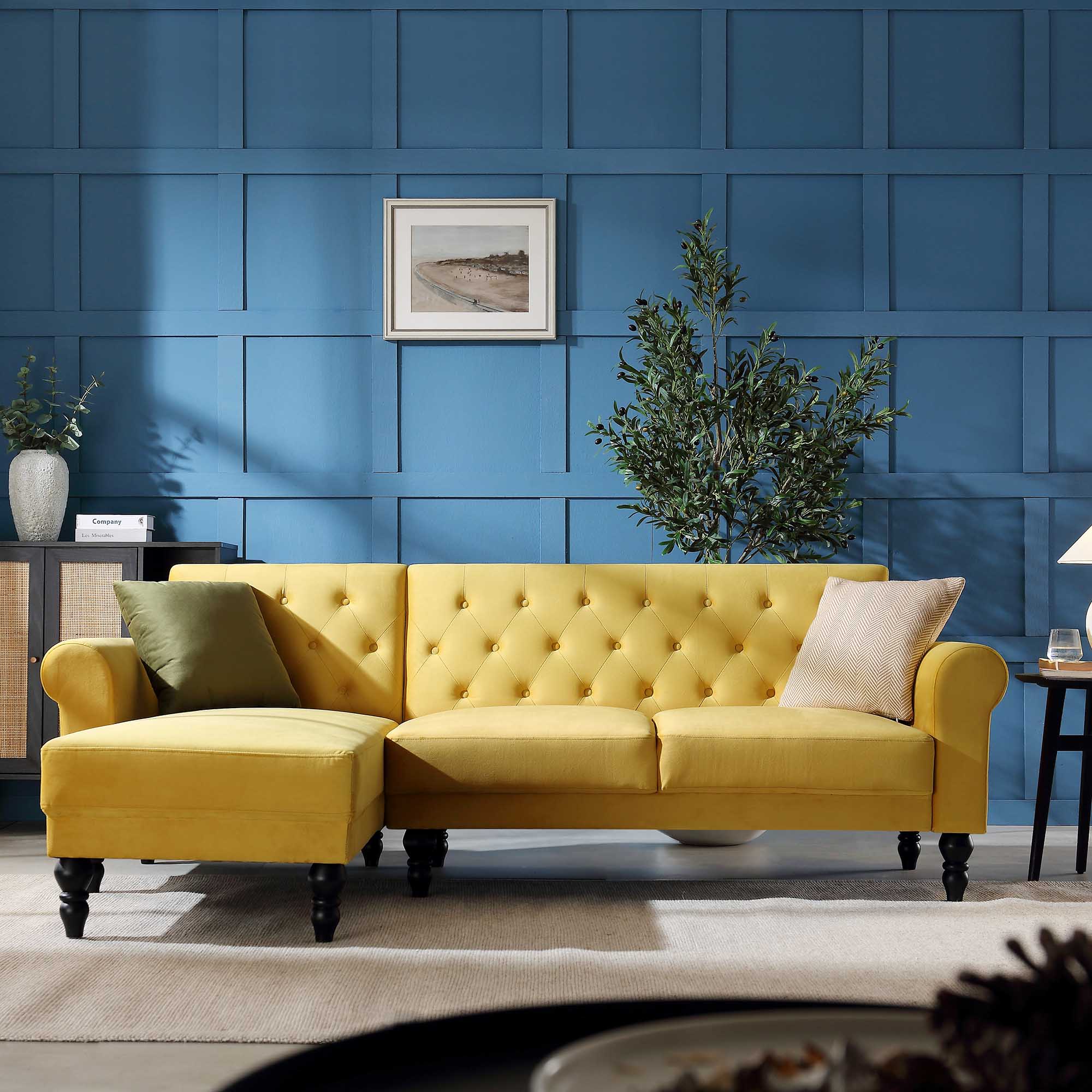 Hanney Chesterfield Chaise Sofabed in Mustard Yellow Velvet - Image 2