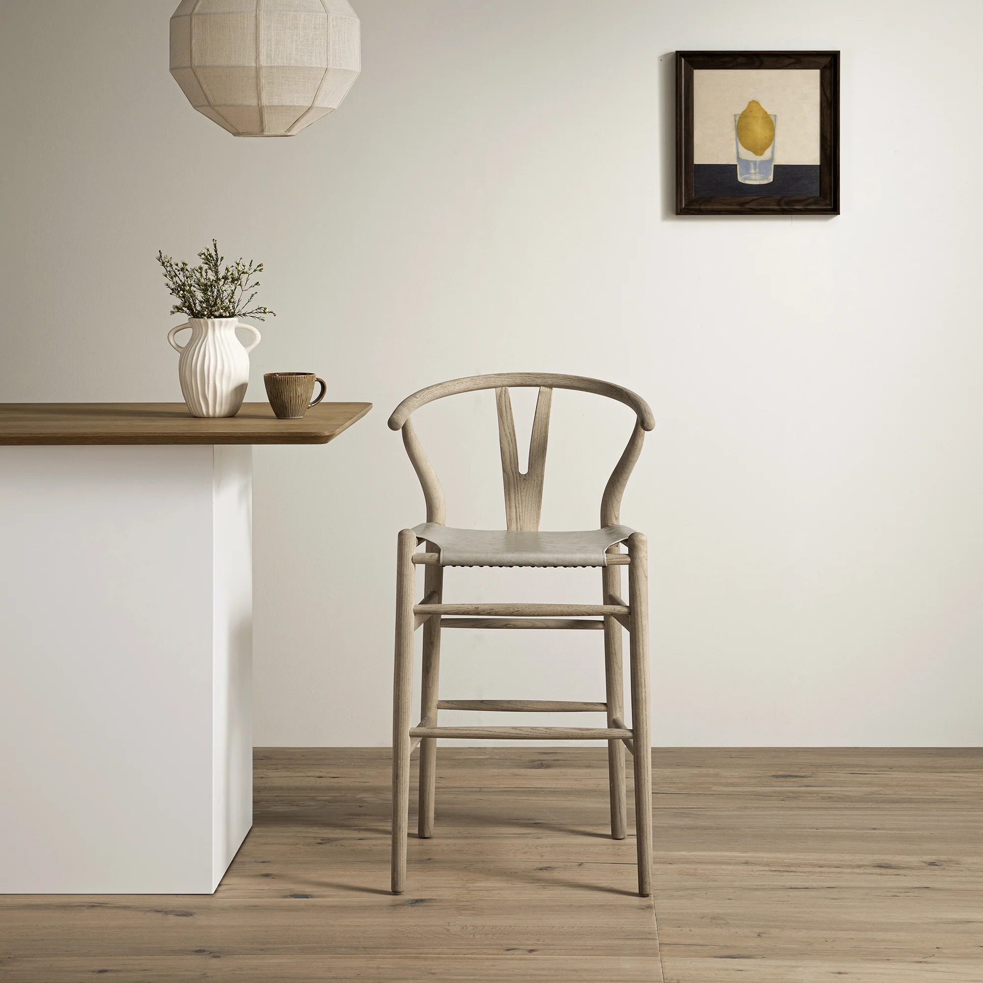 Hansel Counter Stool, Weathered Elm Frame with Light Grey Faux Leather Seat - Image 2