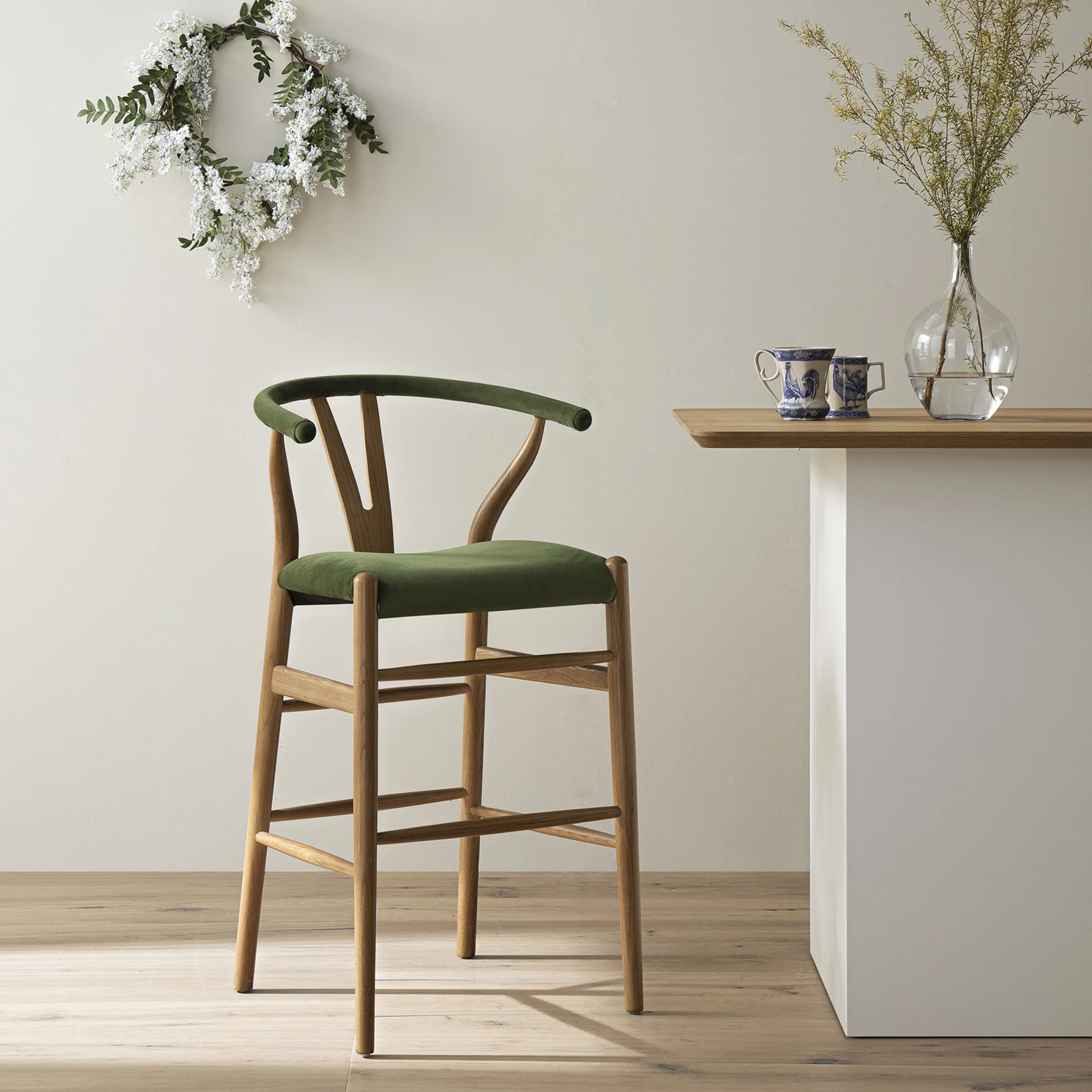 Hansel Upholstered Counter Stool, Moss Green Velvet and Light Walnut Frame - Image 2