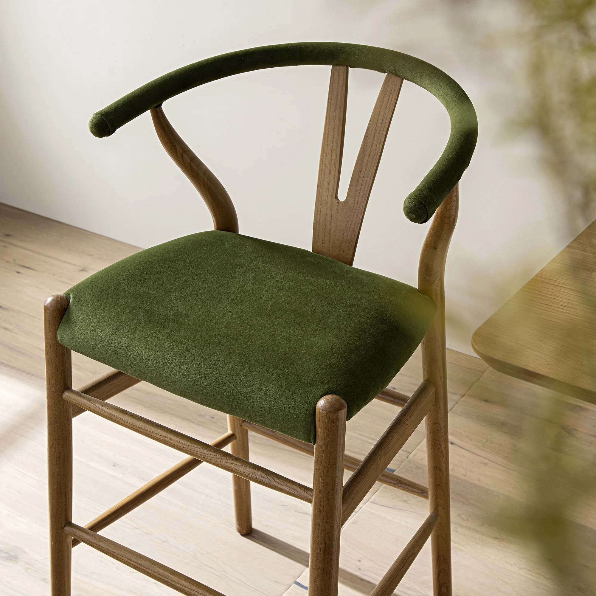 Hansel Upholstered Counter Stool, Moss Green Velvet and Light Walnut Frame - Image 3