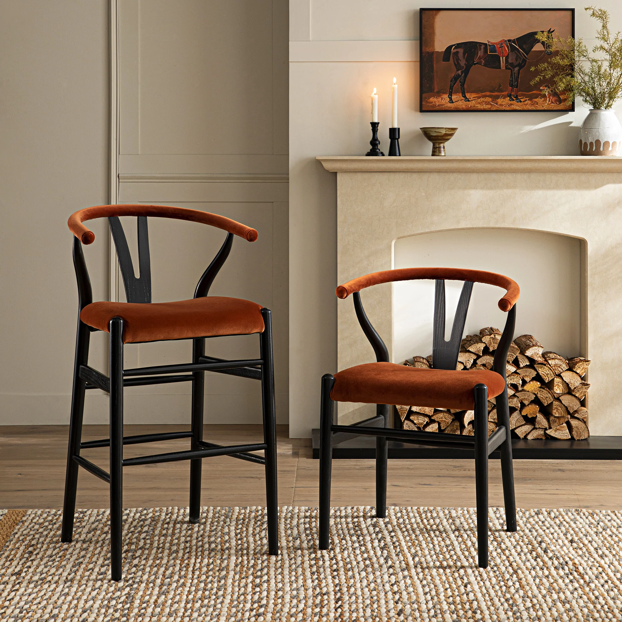 Hansel Upholstered Counter Stool, Rust Velvet and Black Frame - Image 3
