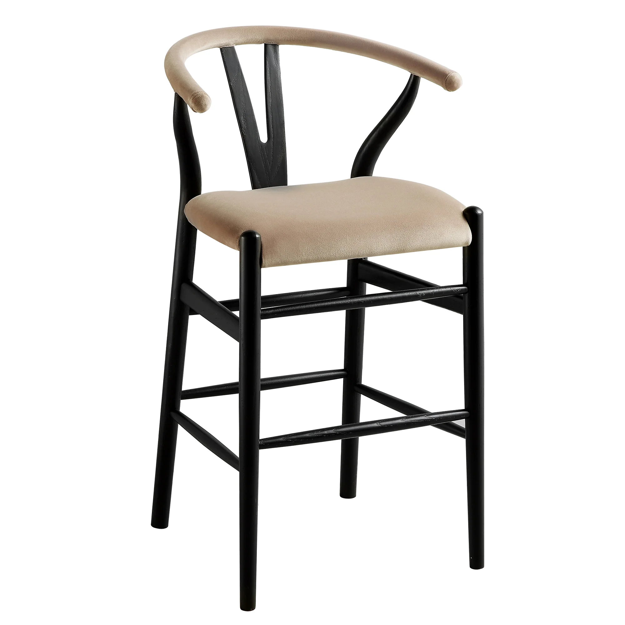 Hansel Upholstered Counter Stool, Taupe Velvet and Black Frame - Image 2