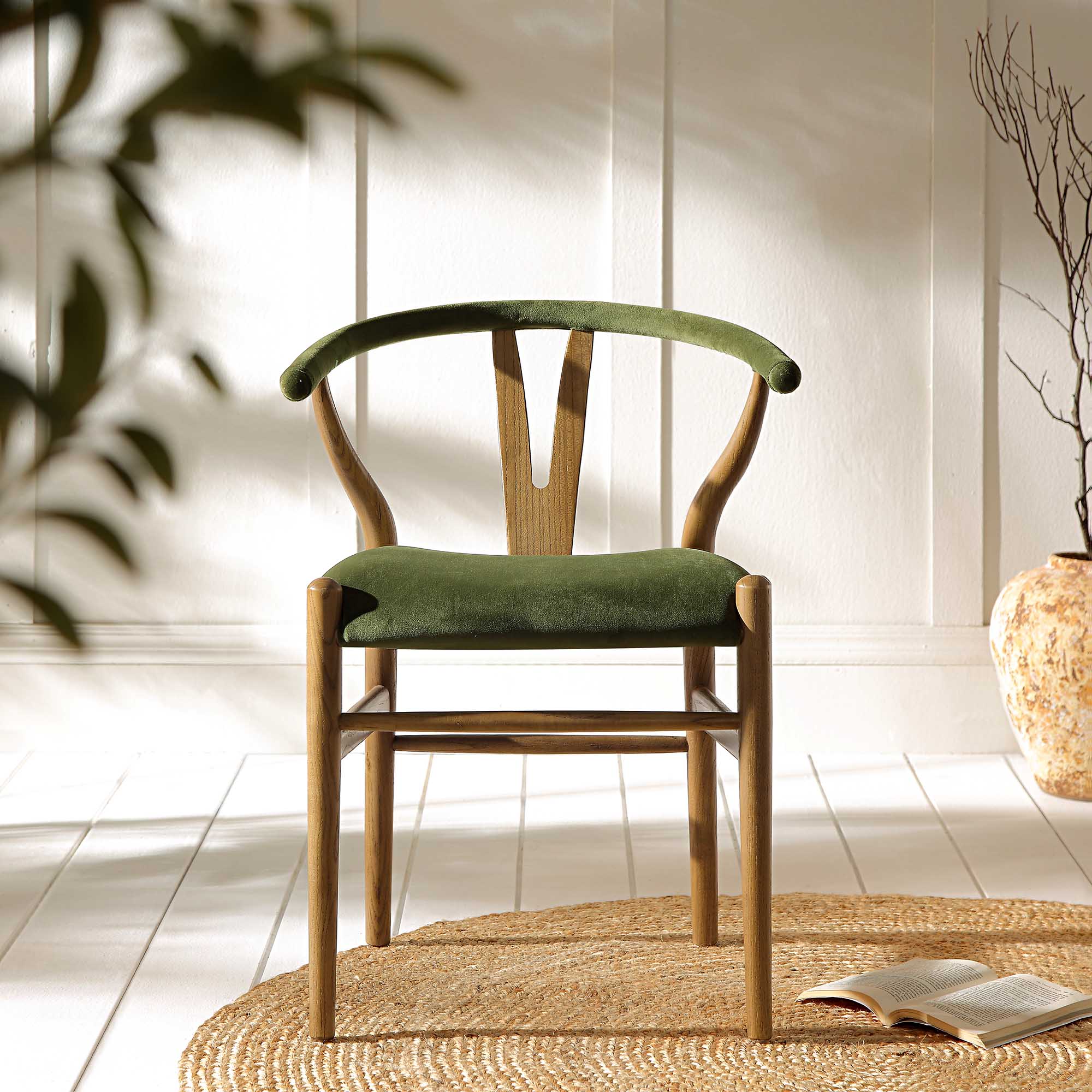 Hansel Upholstered Padded Dining Chair, Moss Green Velvet and Light Walnut Frame - Image 2