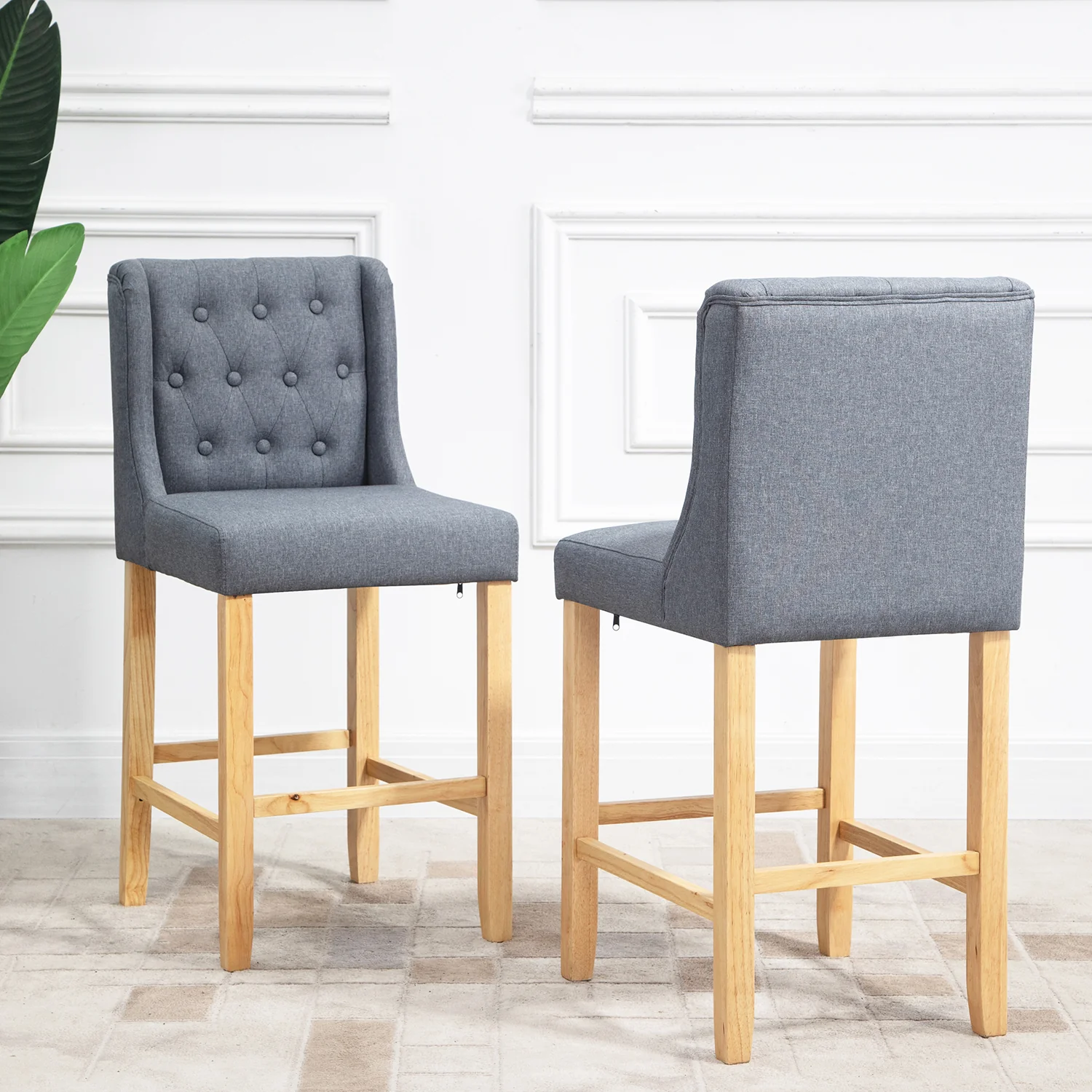 Harbury Set of 2 Buttoned Bar Stools (Light Grey Linen) - Image 2