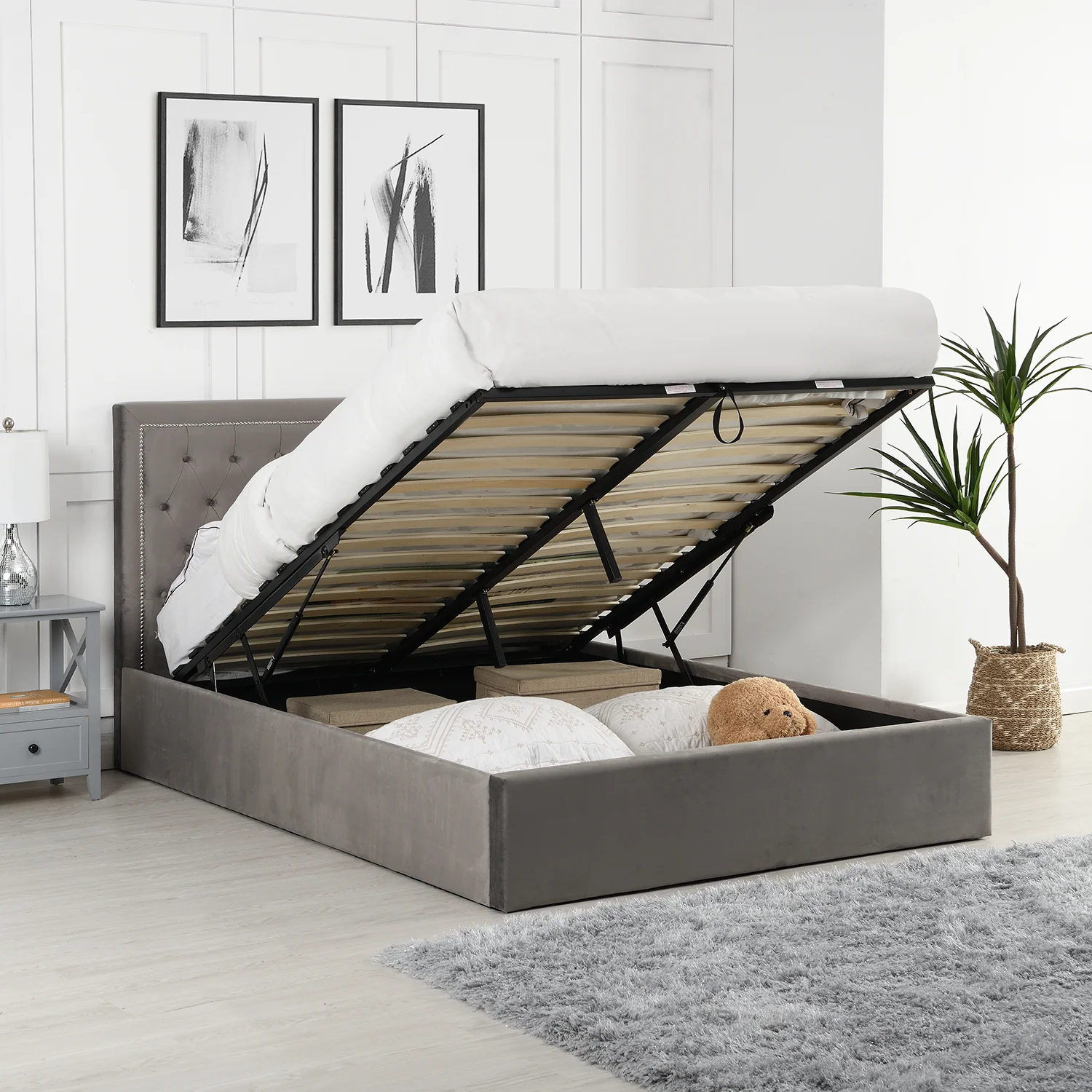 Hartwell Upholstered Ottoman Storage Bed with Deeply Buttoned Headboard (Grey Velvet) - Image 2