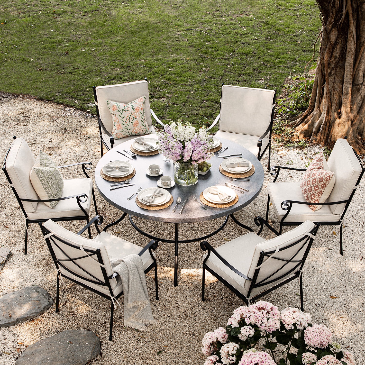Haymes Indoor and Outdoor Metal 6-Seater Round Dining Set, Beige - Image 2