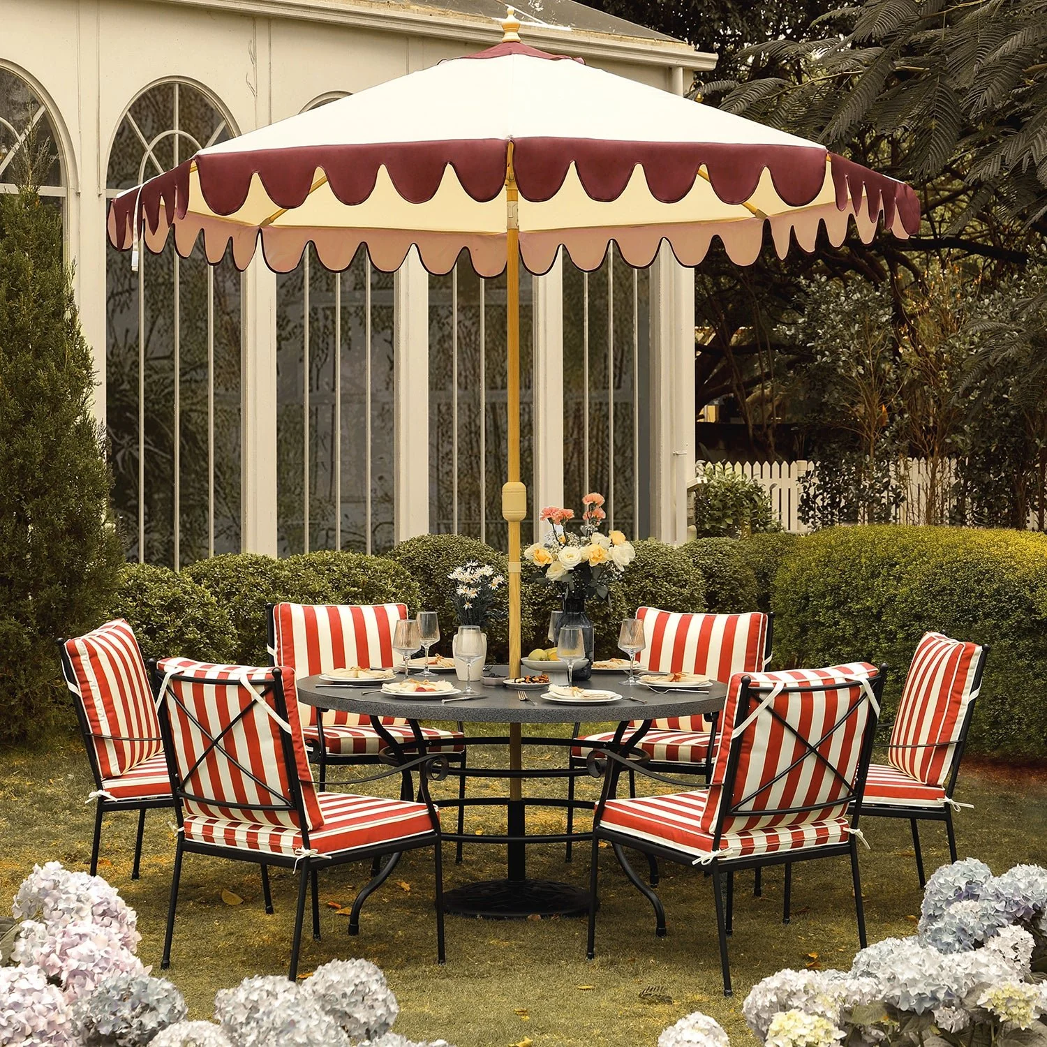Haymes Indoor and Outdoor Metal 6-Seater Round Dining Set, Scarlet Stripe - Image 3