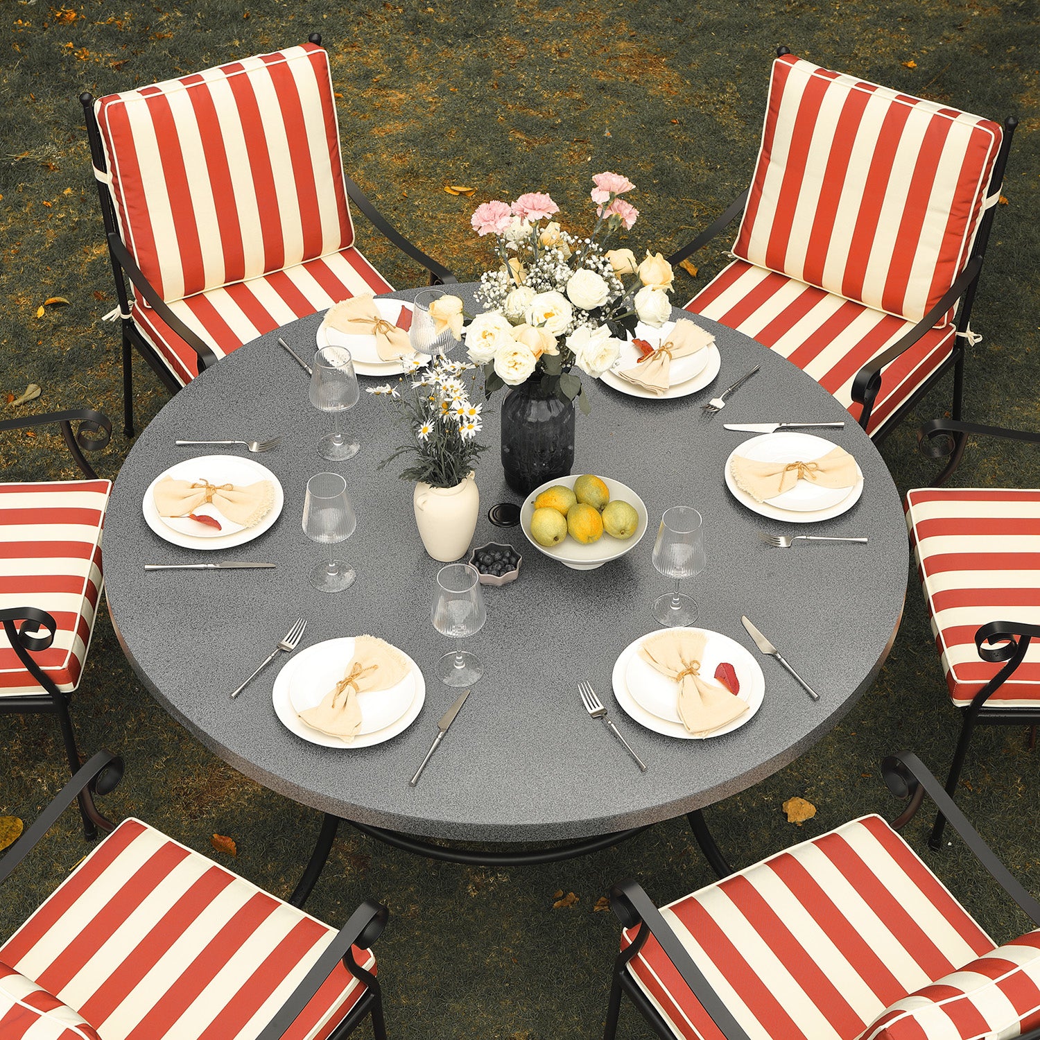Haymes Indoor and Outdoor Metal 6-Seater Round Dining Set, Scarlet Stripe - Image 4