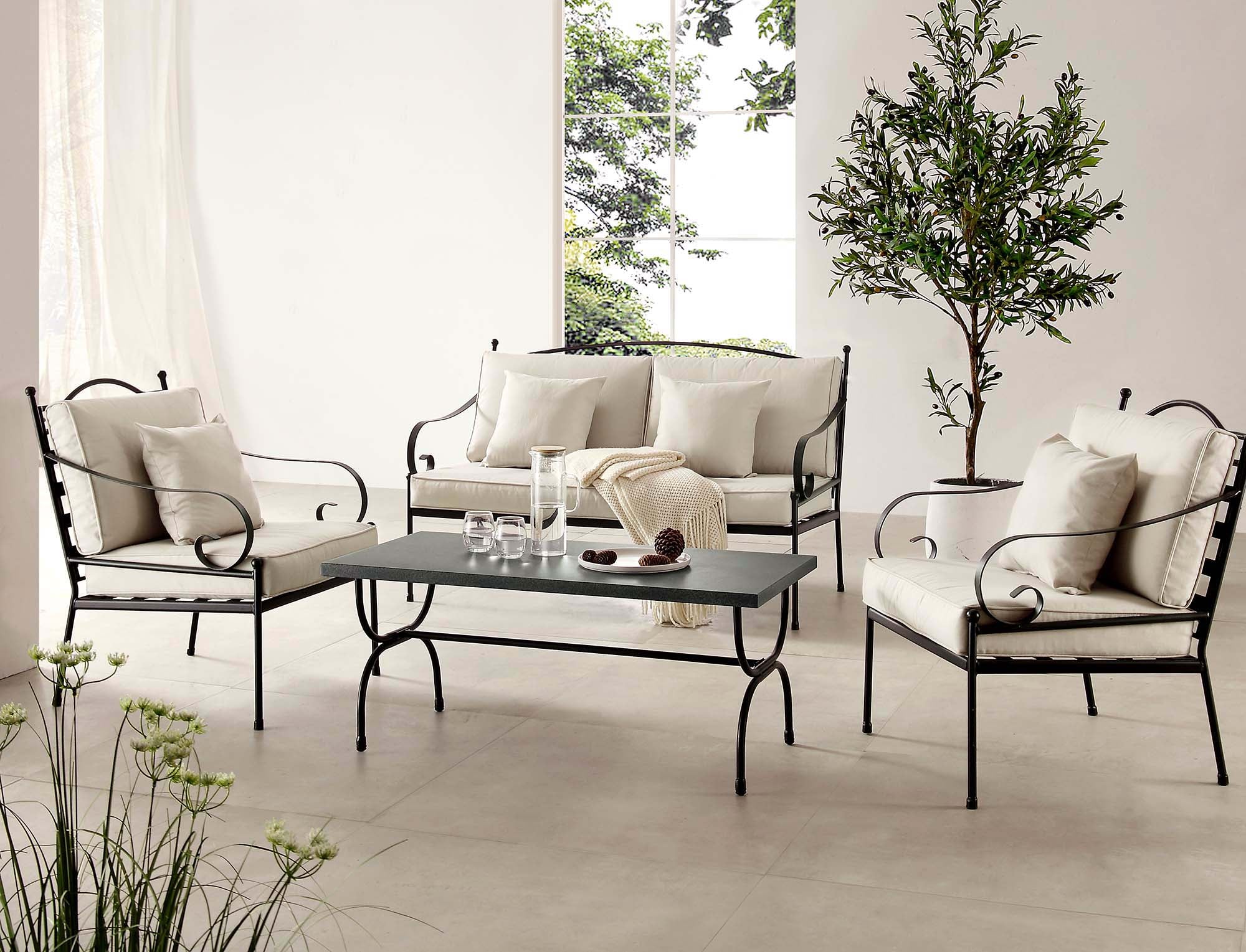 Haymes Indoor and Outdoor Metal Sofa Set with Coffee Table, Beige - Image 2
