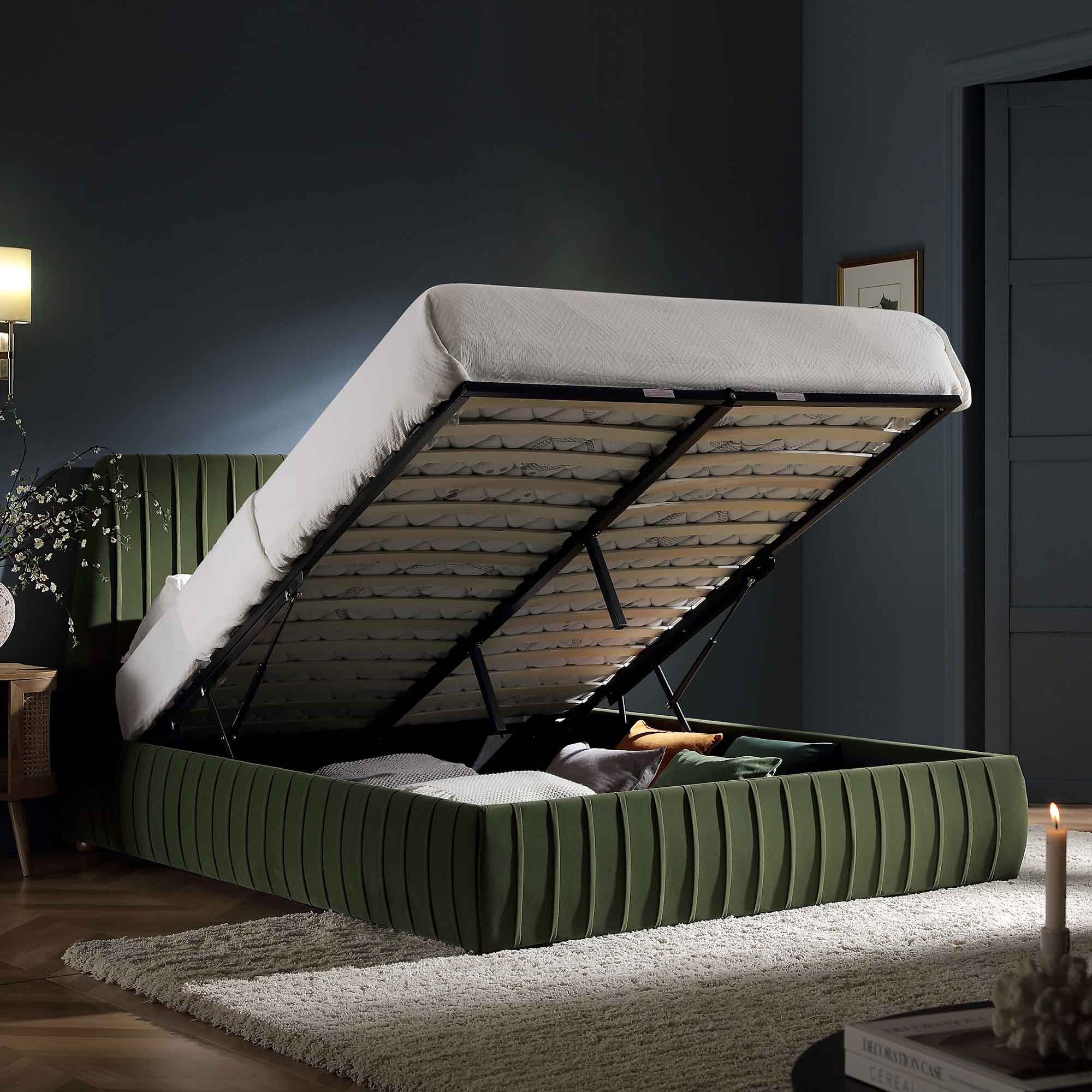 Helia Pleated Ottoman Storage Bed, Moss Green Velvet - Image 3