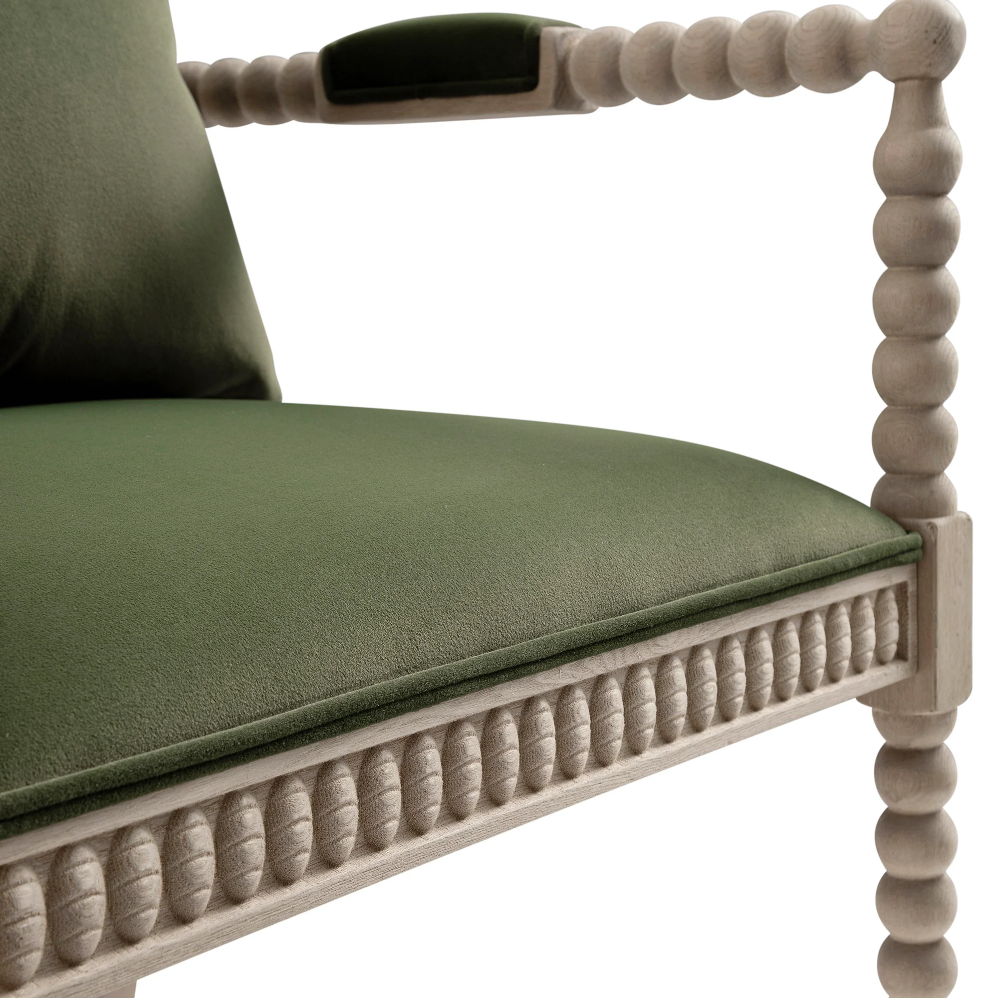 Hemingford Moss Green Velvet Bobbin Washed Oak Armchair - Image 16