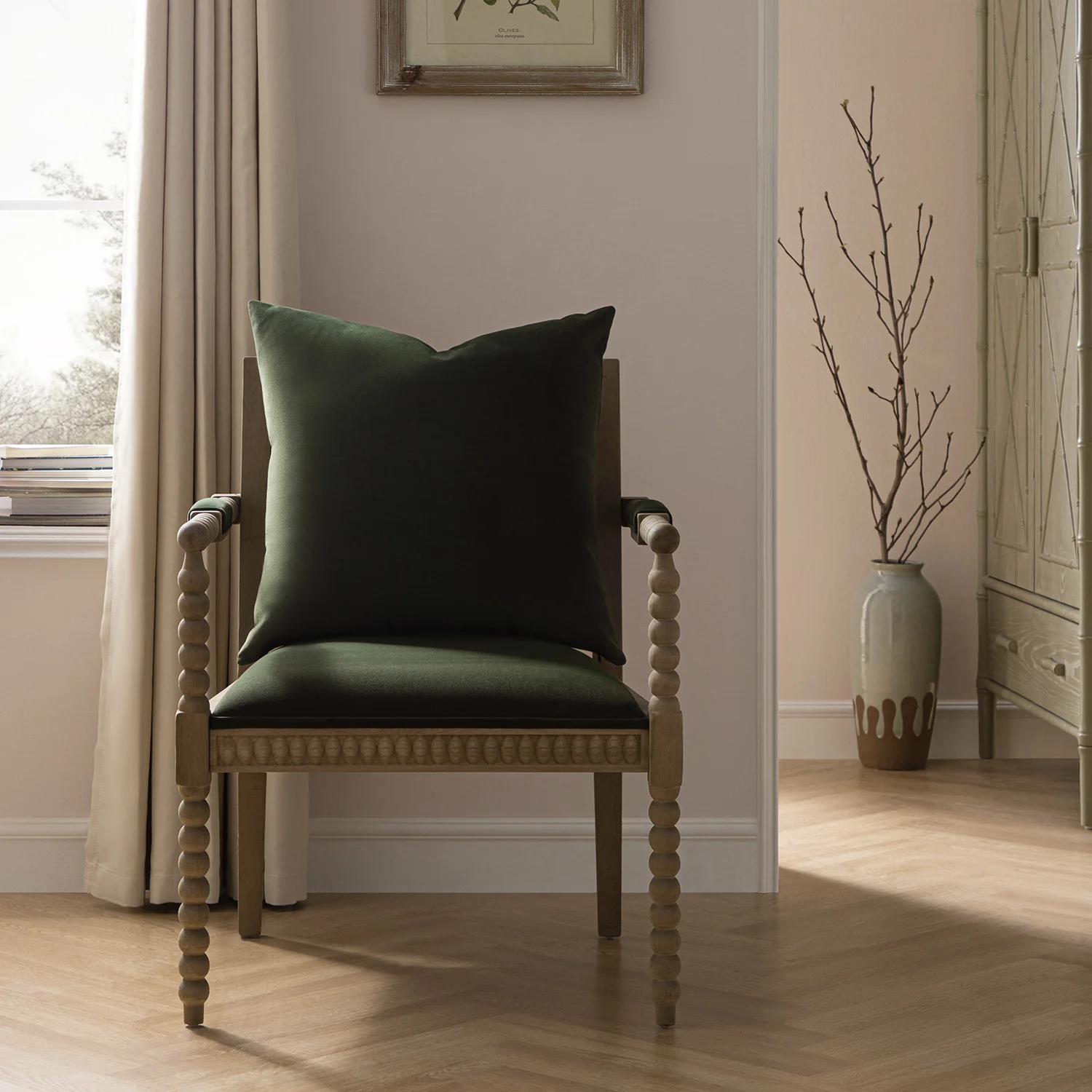 Hemingford Moss Green Velvet Bobbin Washed Oak Armchair - Image 3