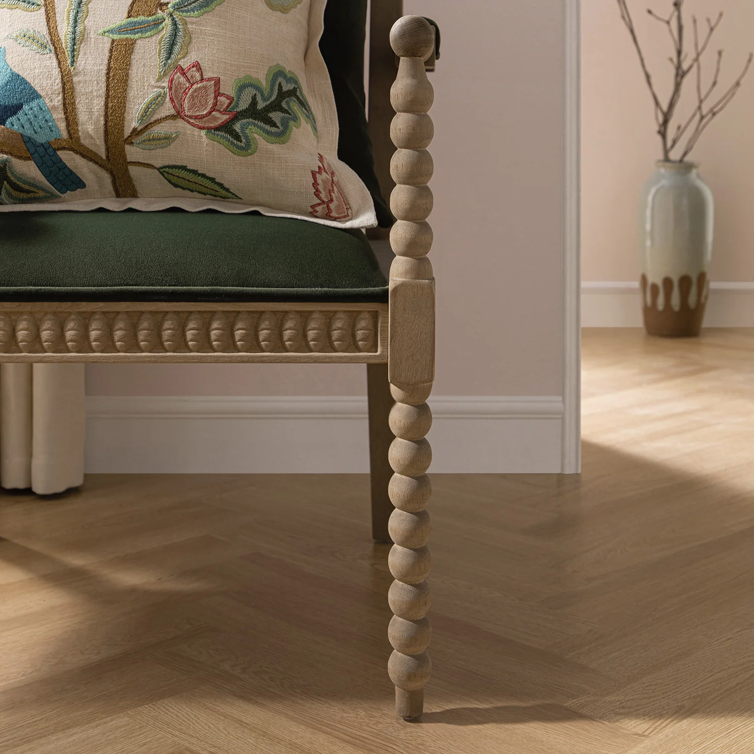 Hemingford Moss Green Velvet Bobbin Washed Oak Armchair - Image 6