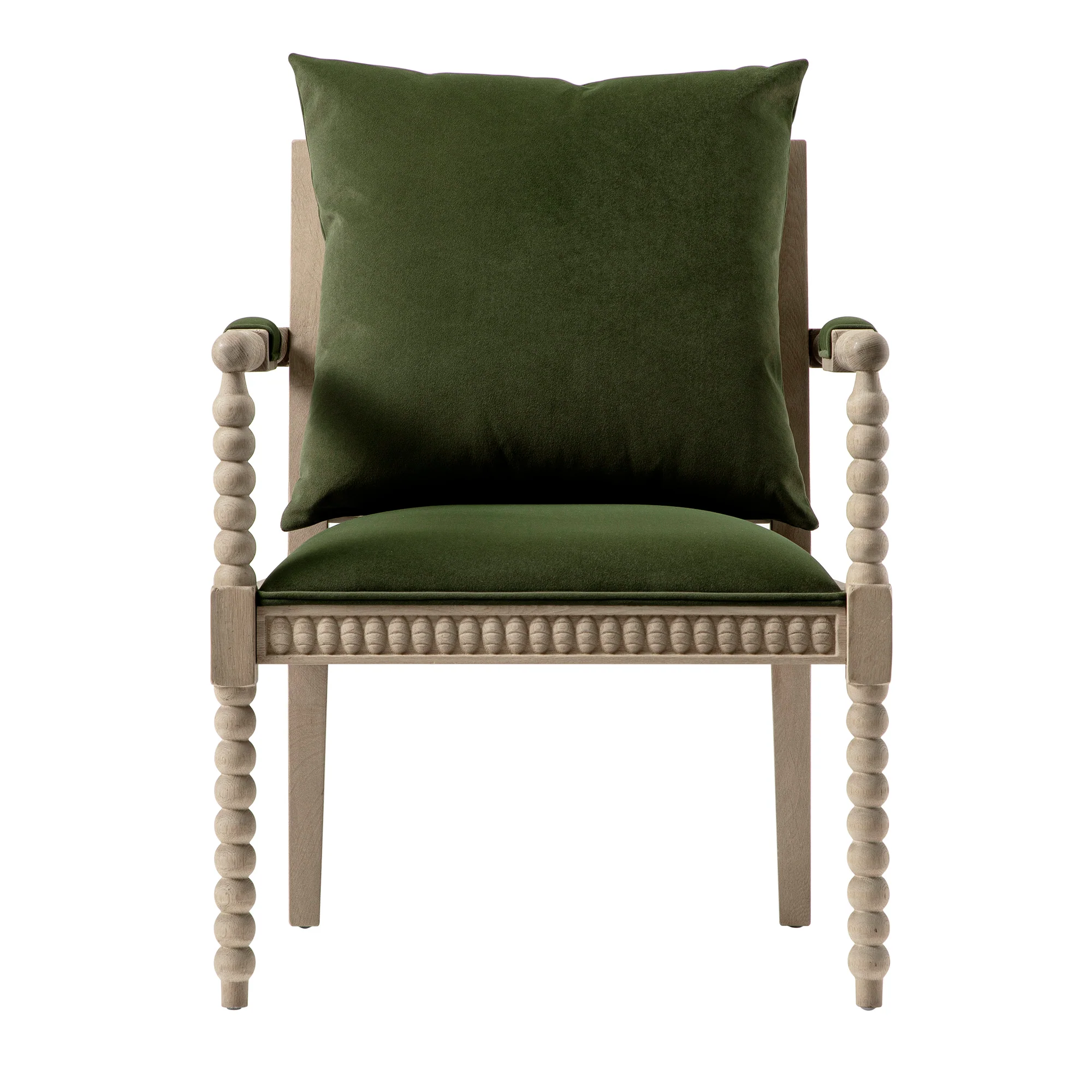 Hemingford Moss Green Velvet Bobbin Washed Oak Armchair - Image 7